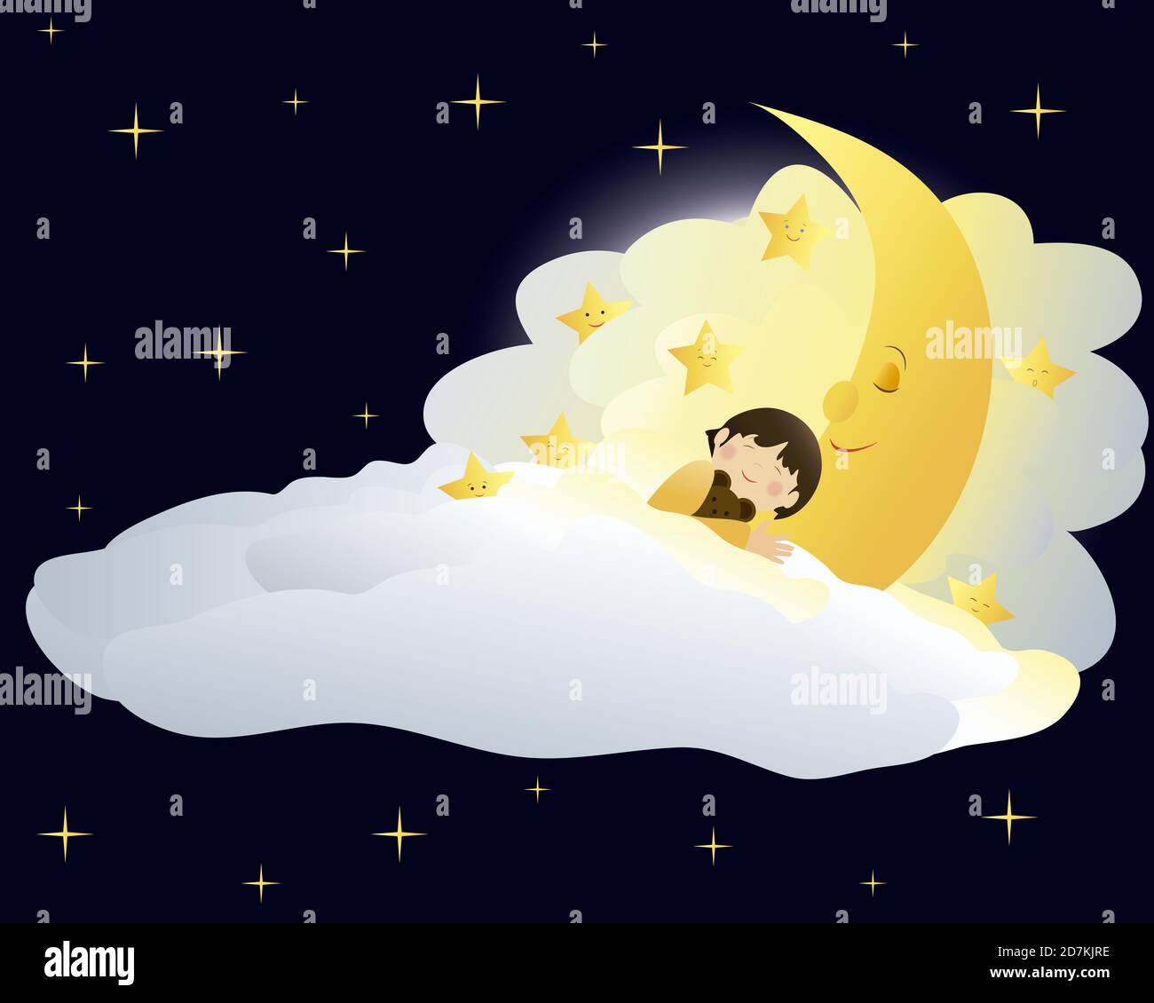 Bébé garçon dormant sur la lune. Banque D'Images