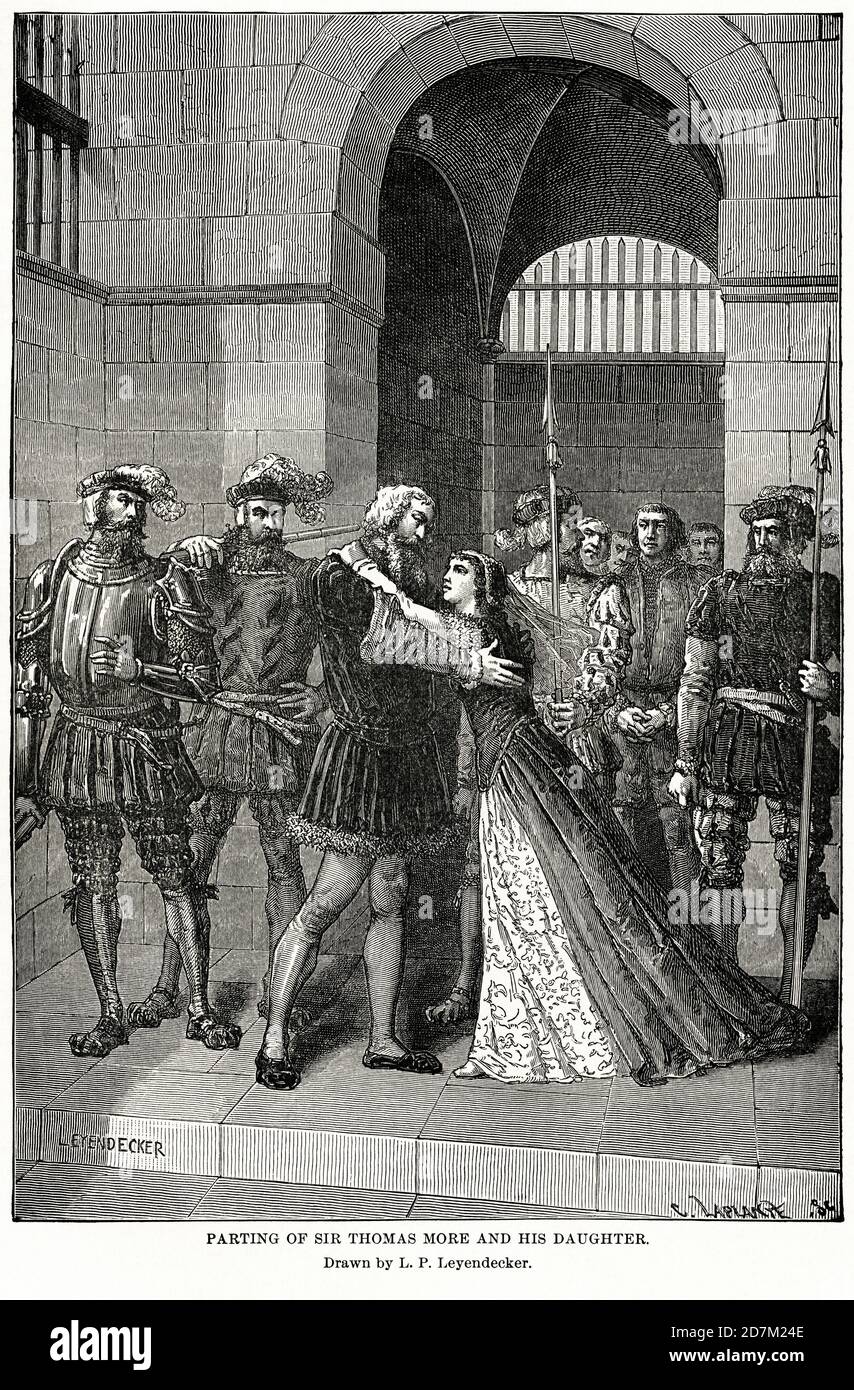 Séparation de Sir Thomas More et de sa fille, dessinée par L.P. Leyendecker, Illustration, Ridpath's History of the World, Volume III, par John Clark Ridpath, LL. D., Merrill & Baker Publishers, New York, 1897 Banque D'Images
