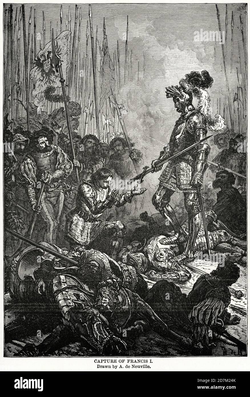 Capture de Francis I, dessiné par A. de Neuville, Illustration, Ridpath's History of the World, Volume III, par John Clark Ridpath, LL. D., Merrill & Baker Publishers, New York, 1897 Banque D'Images
