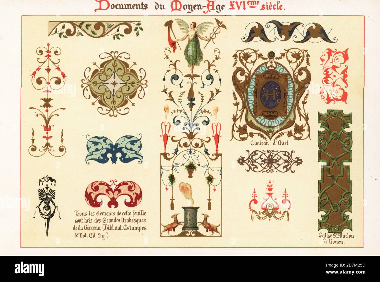 Éléments de conception à partir de manuscrits du XVIe siècle. Tiré des grandes arabesques du Cerceau par Jacques Androuet, et bouclier du Château d’Anet. Chromolithographie conçue et lithographiée par Ernst Guillot d'Elements d'ornement du XVIe siècle, éléments d'ornement du XVIe siècle, Renouard, Paris, 1890. Banque D'Images