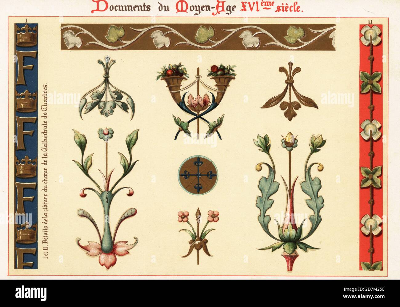 Éléments de conception d'architecture et de manuscrits du XVIe siècle. 1,2 Détails du mur du chœur de la cathédrale de Chartres, et motifs décoratifs de grandes arabesques du Cerceau par Jacques Androuet, Chromolithographie conçue et lithographiée par Ernst Guillot des éléments d'ornement du XVIème Siecle, éléments d'ornement du 16ème siècle, Renouard, Paris, 1890. Banque D'Images