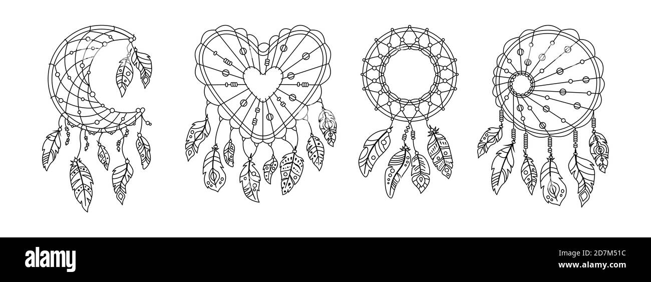 Boho dreamcatcher plumes noir dessin animé linéaire ensemble. Outline Native American indian design. Style bohème ethnique, symboles hipster. Plumes d'oiseau, talisman doux rêve dessiné à la main. Illustration vectorielle Illustration de Vecteur