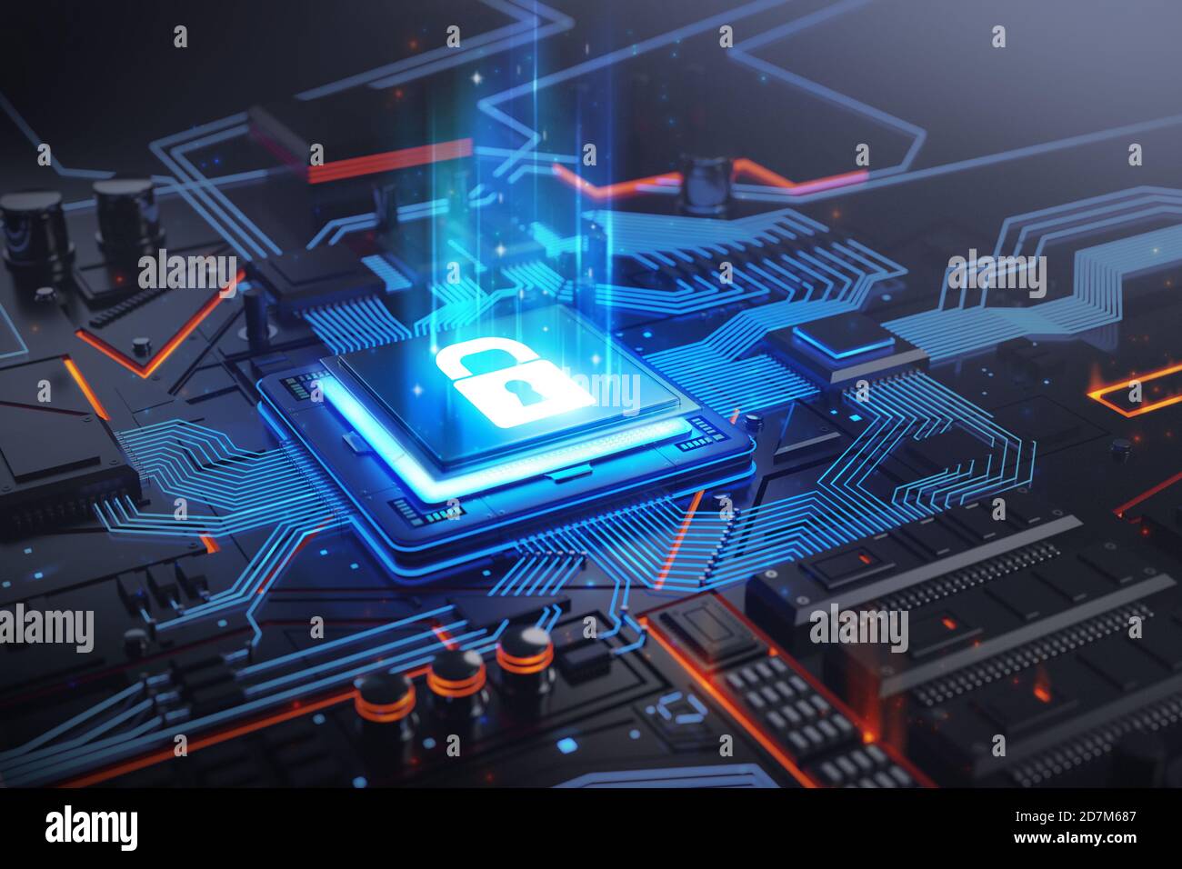 Illustration 3d du circuit bleu lumineux avec verrouillage de sécurité Banque D'Images