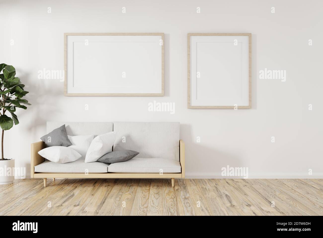 Cadre en bois carré avec canapé et plantes vertes sur le mur blanc dans le salon. Illustration 3D. Banque D'Images