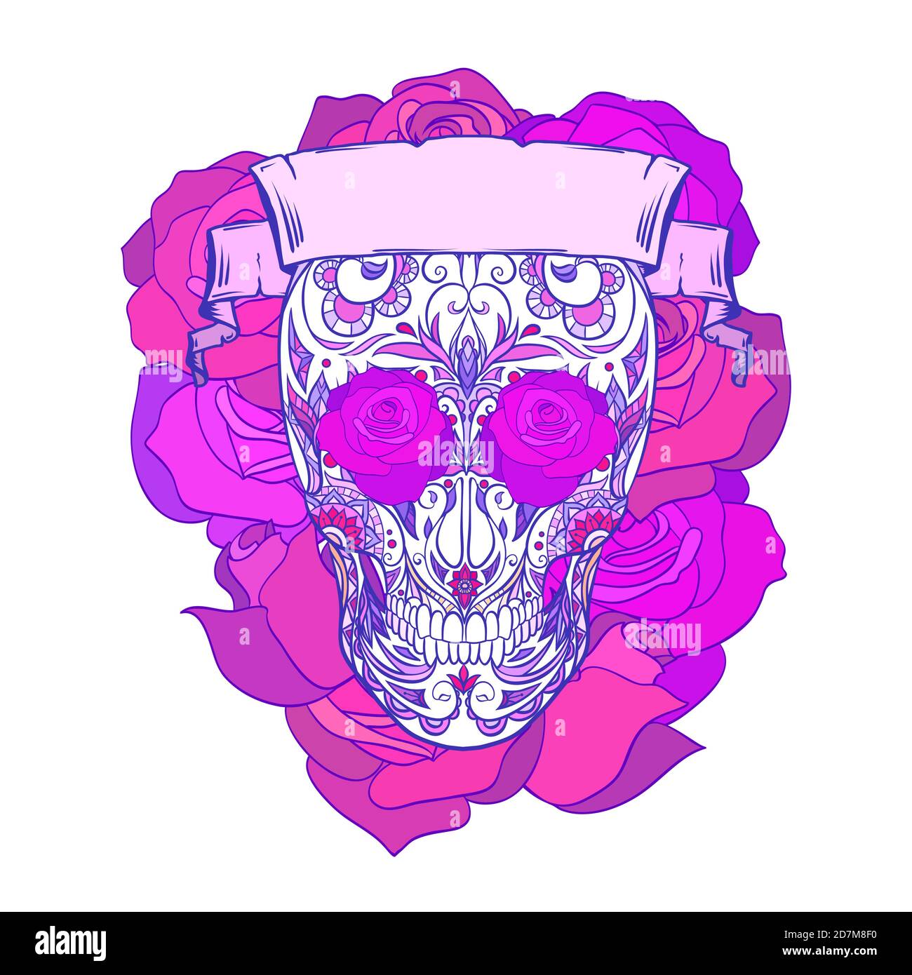 Illustration du crâne de sucre festif au néon avec motifs de caniche, roses et ruban. Le jour des morts. Los Muertos. L'objet est séparé du backgr Illustration de Vecteur