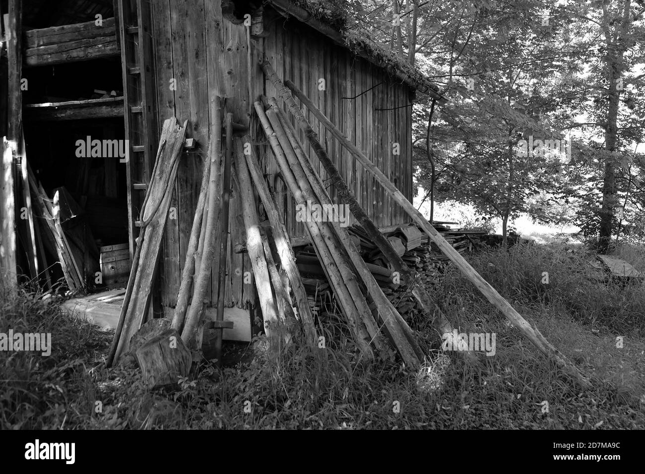 Plan en échelle de gris de planches en bois et de matériaux de toiture près d'un ancienne grange dans un champ Banque D'Images