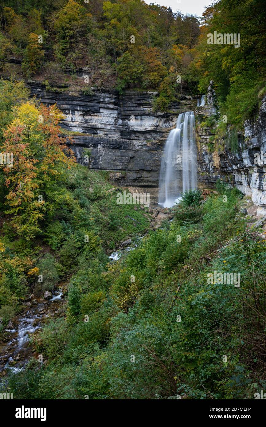 Un magnifique paysage de forêt d'automne avec une cascade idyllique Banque D'Images Un magnifique paysage de forêt d'automne avec une cascade idyllique Banque D'Images