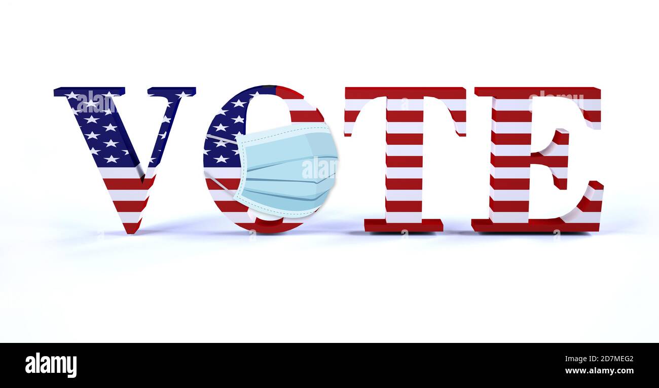 Voter symbole de l'élection américaine avec drapeau et masque de chirurgien, illustration 3d Banque D'Images
