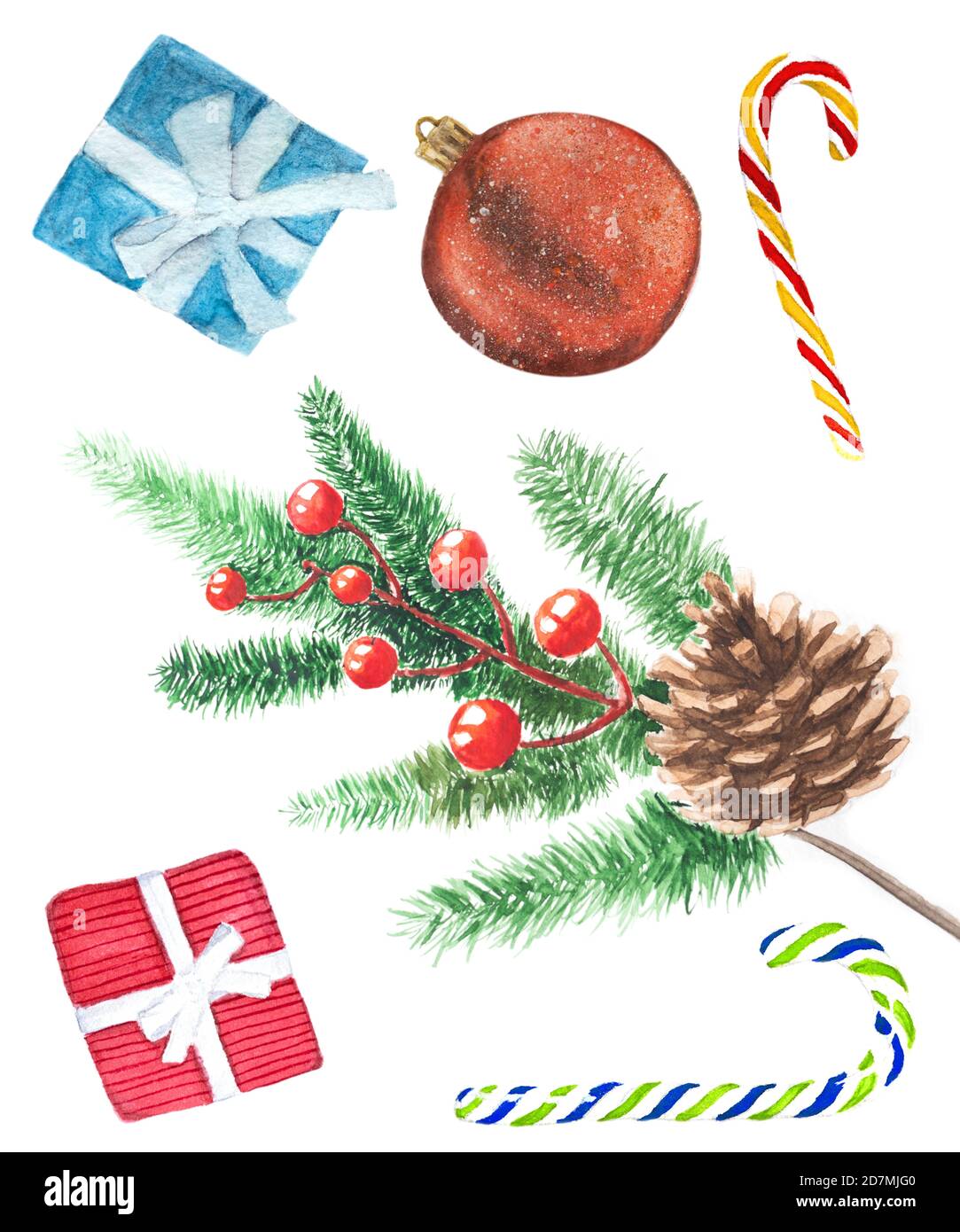 Ensemble de Noël décoratif pour invitations, cartes de vœux. Illustration aquarelle joyeux noël et joyeux nouvel an. Banque D'Images