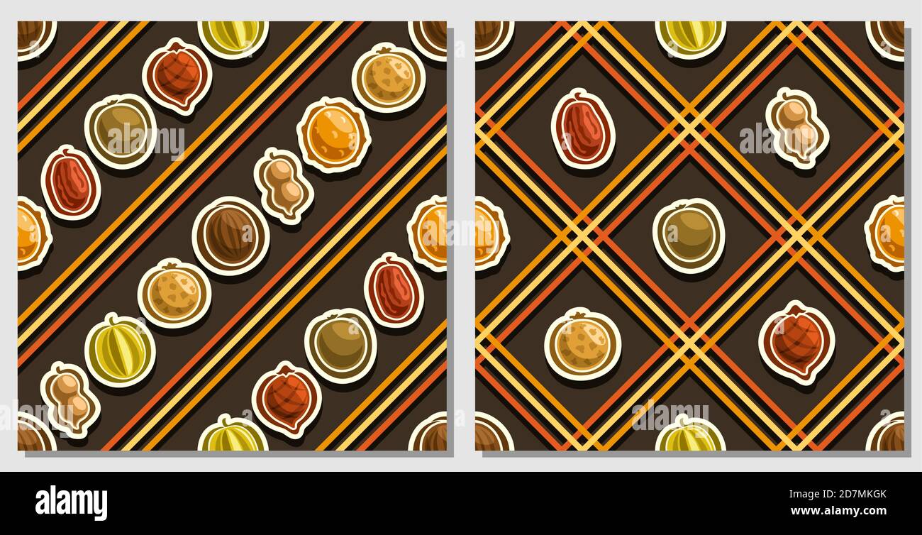 Motifs sans couture de fruits vectoriels, 2 fonds de fruits carrés répétitifs, ensemble d'illustrations isolées de fruits d'été sur fond sombre, compatible se Illustration de Vecteur