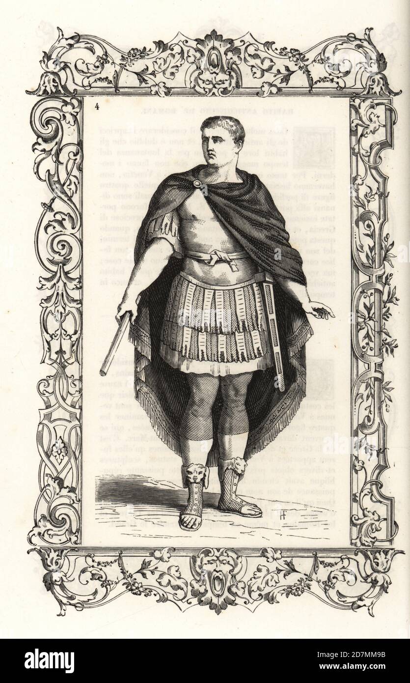 Costume de bataille d'un ancien consul romain ou tribune. Il porte un manteau de paludamentum violet, une armure poitrine, une épée dans un fourreau de velours, un pantalon court ou un sagulum gregale, des sandales à têtes de lion. Dans un cadre décoratif gravé par H. Catenacci et Fellmann. Gravure de blocs de bois par Gerard Seguin et E.F. Huyot d'après une coupe de bois de Christoph Krieger de Cesare Vecellio costumes anciens et modernes du XVIe siècle, Habiti antichi et moderni di tutto il mondo, Firman Didot Ferris fils, Paris, 1859-1860. Banque D'Images
