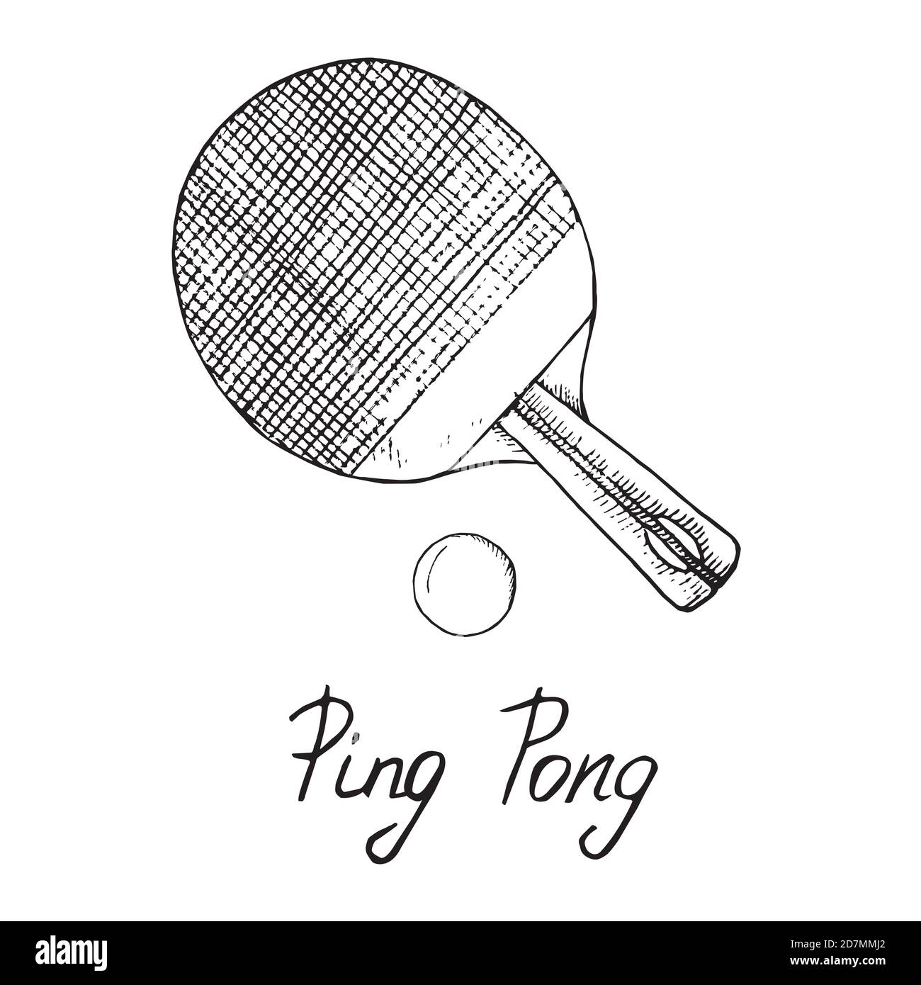 Paddle et balle de ping-pong, croquis de caniche dessinés à la main avec inscription, illustration du contour isolé Banque D'Images