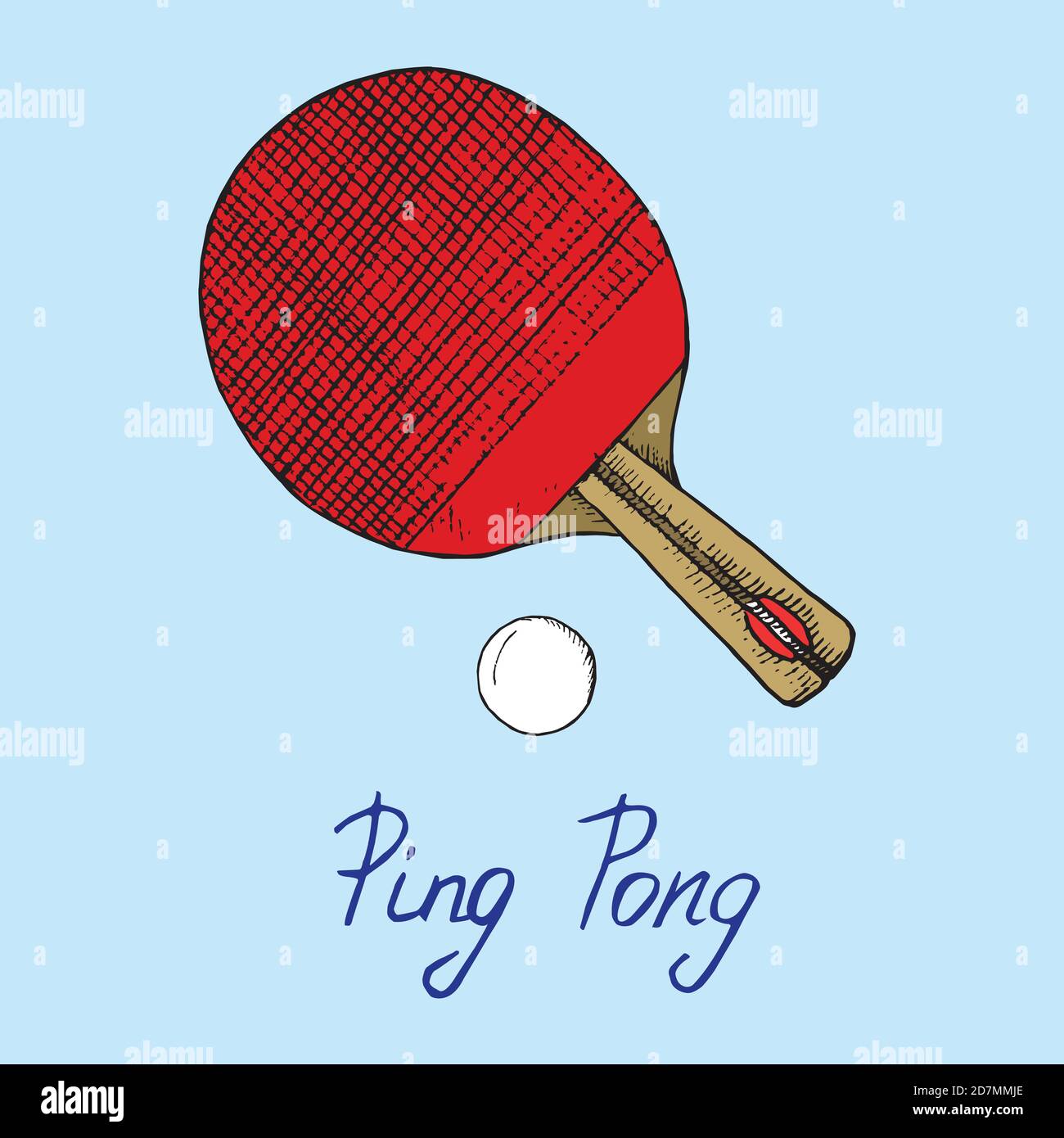 Ping-pong rouge paddle et balle, dessin de caniche dessiné à la main avec inscription, illustration de couleur isolée sur fond bleu Banque D'Images