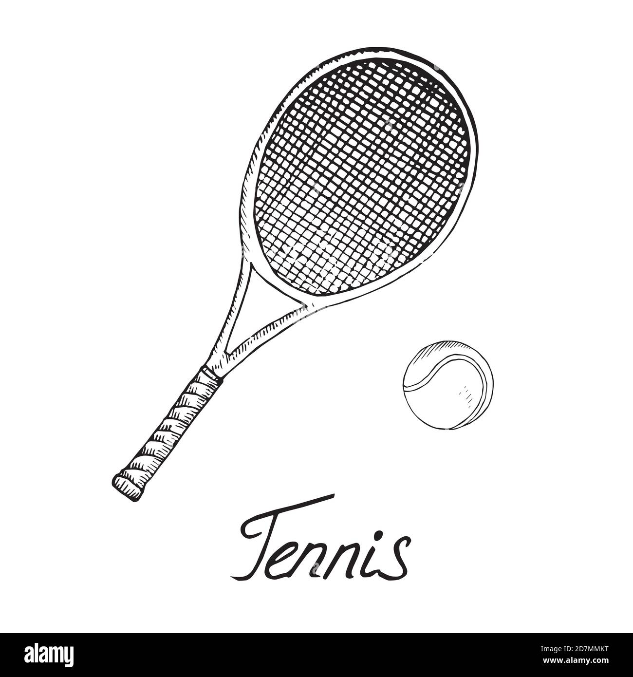 Raquette et balle de tennis, dessin d'un nain dessiné à la main avec  inscription, illustration du contour isolé Photo Stock - Alamy