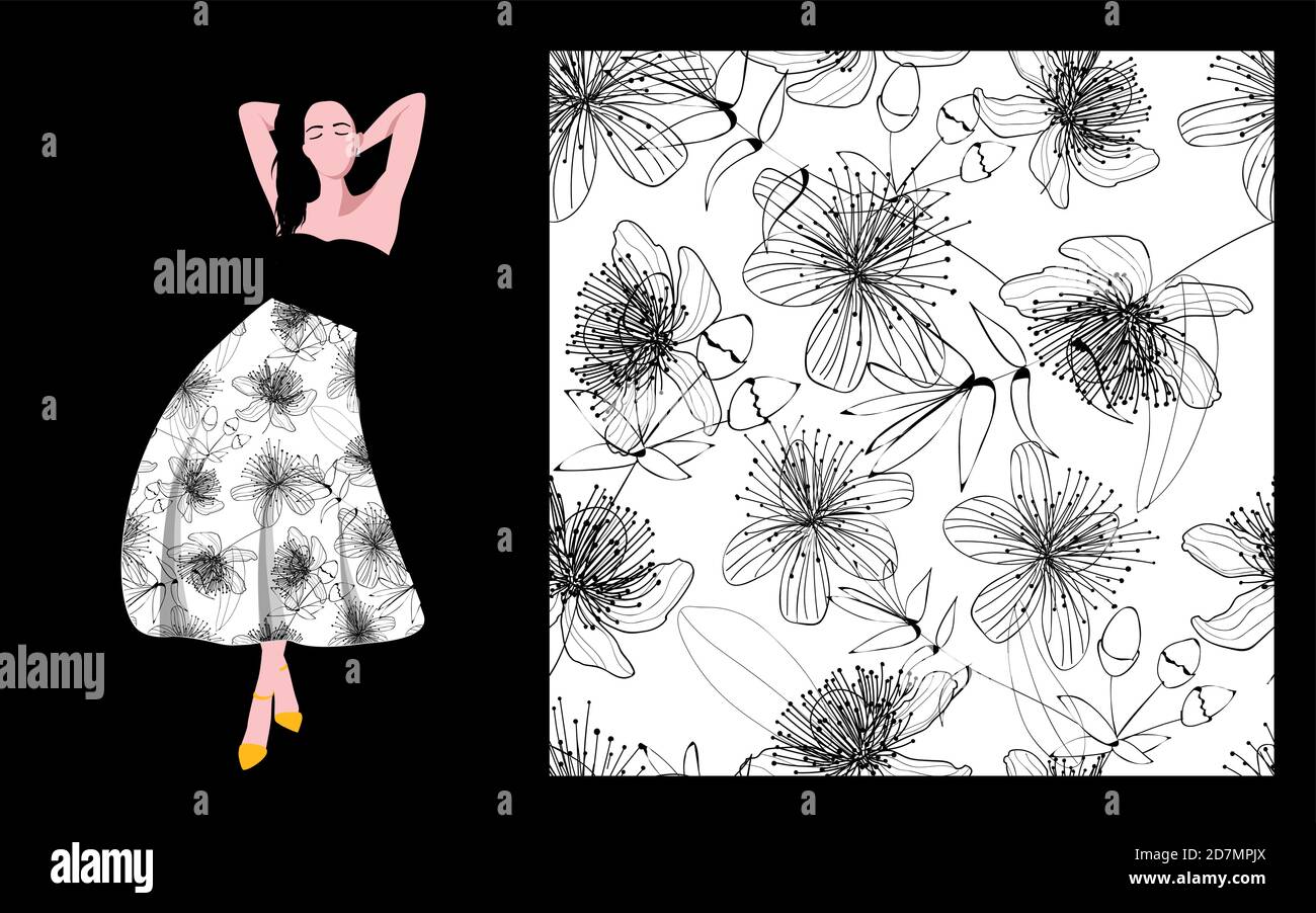 Imprimé textile tissu Design Cool Floral Print Black Flowers White. Illustration de Vecteur