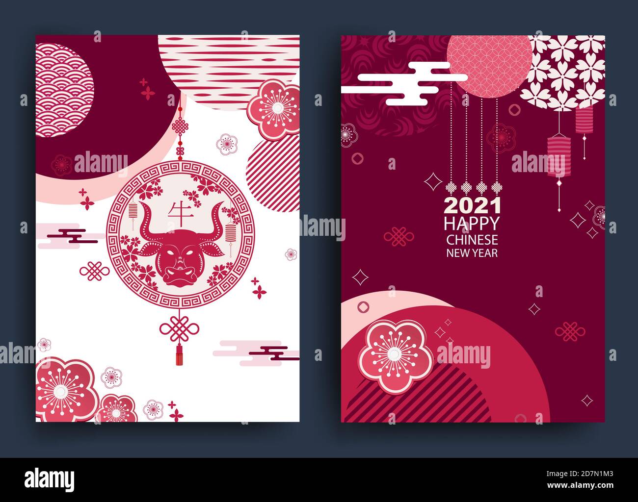 Bonne année 2021 nouvel an chinois. Jeu de cartes de vœux, enveloppes à motifs géométriques, fleurs et lanternes. VectorTranslation en chinois Illustration de Vecteur