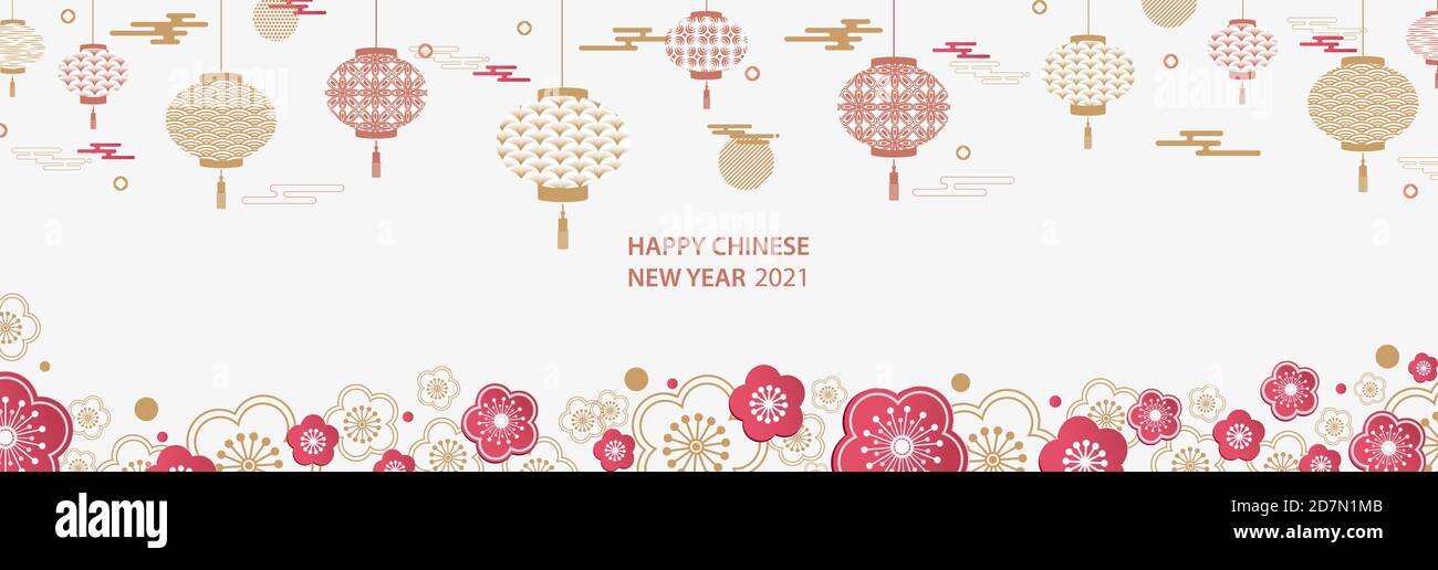 Bannière horizontale avec 2021 éléments chinois du nouvel an. Vecteur. Lanternes chinoises aux motifs dans un style moderne, ornements géométriques décoratifs. Illustration de Vecteur