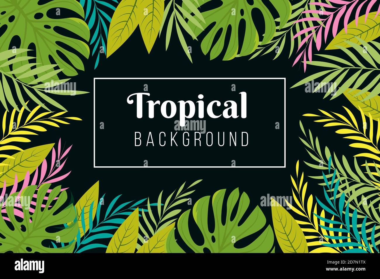 Arrière-plan tropical. Cadre de feuilles de palmier de forêt tropicale. Forêt jungle plantation vecteur papier peint exotique. Illustration de forêt de jungle, palmier à feuilles exotique Illustration de Vecteur