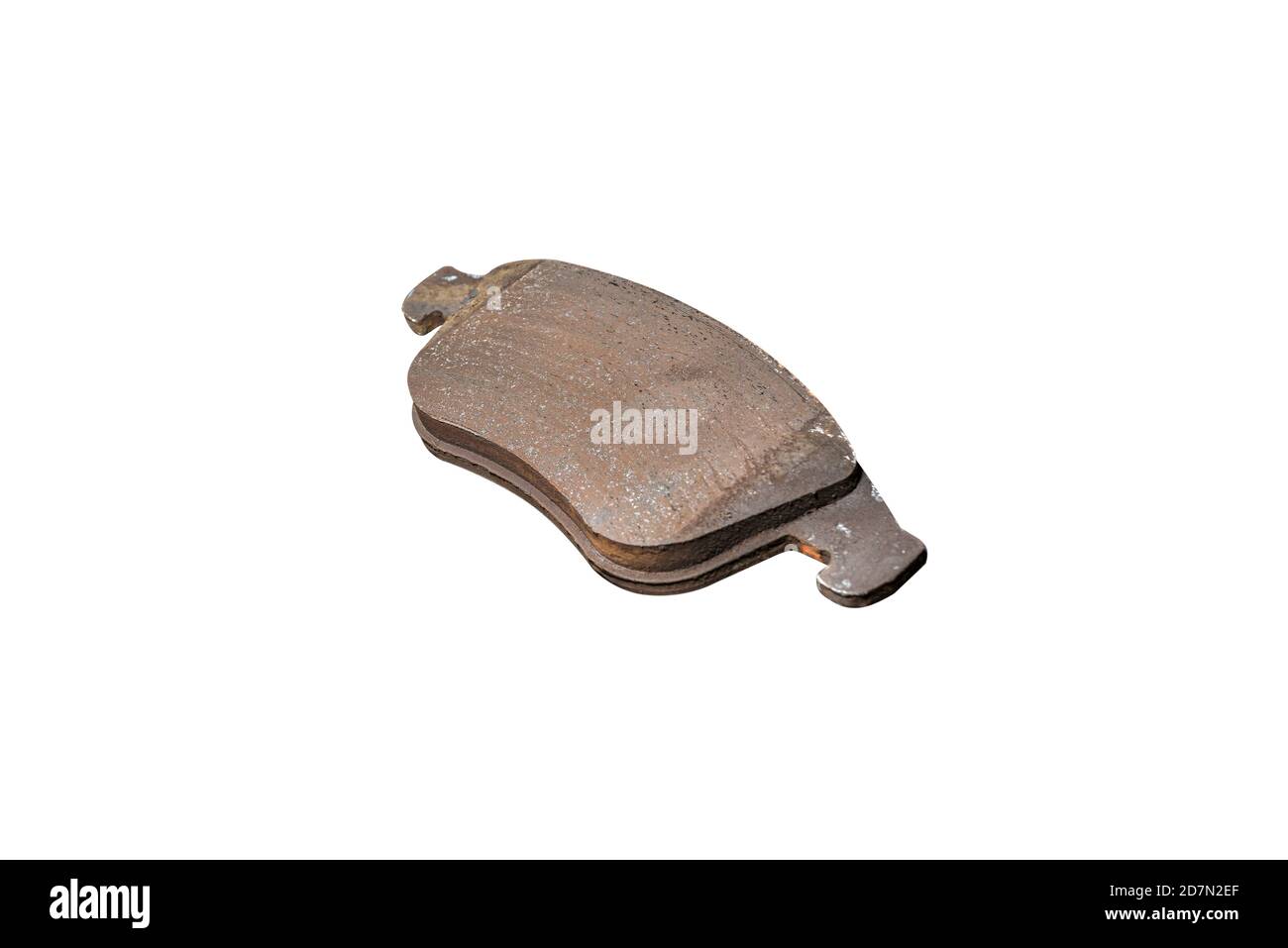 Ancienne plaquette de frein avant, isolée sur un fond blanc avec un passe de découpe, garniture de frein visible des plaquettes, vue de dessus. Banque D'Images