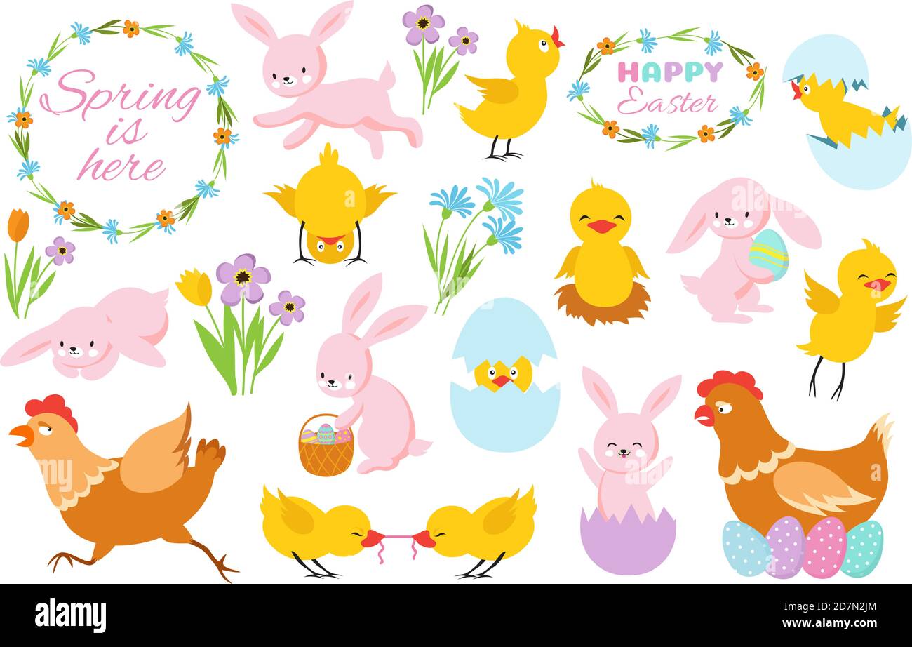 Lapin de Pâques, poussins et fleurs de printemps. Lapins drôles, petits poulets et œufs. Caricature pâques vecteur ensemble de lapin heureux et poussin, vacances pâques illustration Illustration de Vecteur