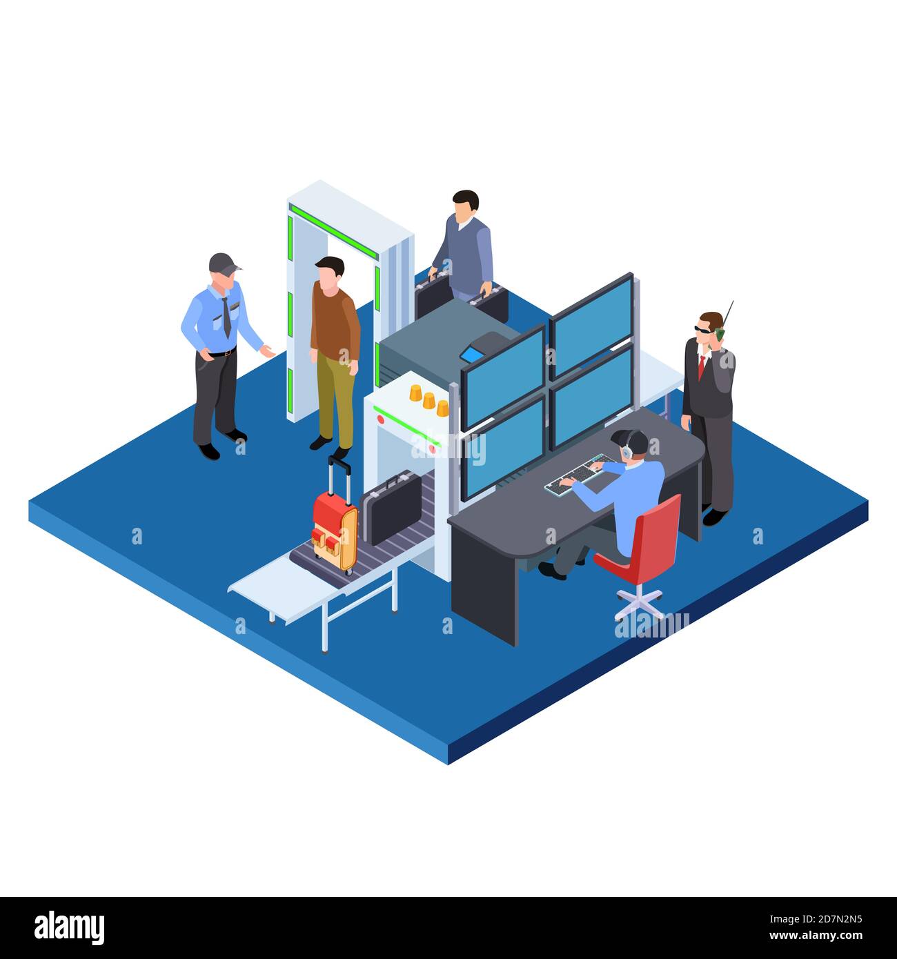 Enregistrement des bagages et des personnes, illustration vectorielle isométrique du service de sécurité. Contrôle des douanes, scanner les touristes et les bagages Illustration de Vecteur