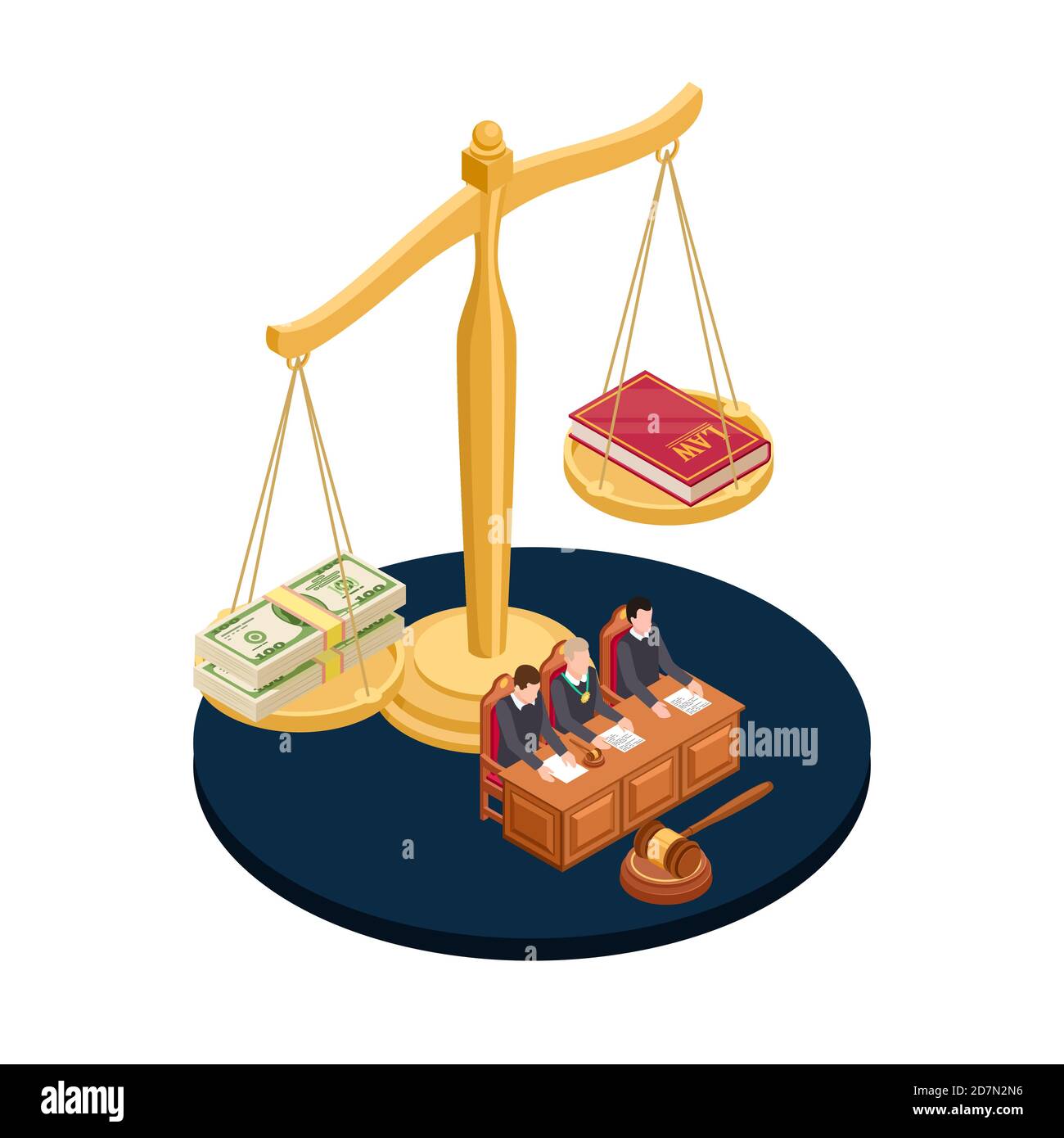 Illustration de vecteur de loi ou d'argent. Concept isométrique des pratiques corrompues. Corruption ou loi, argent de billet de banque et livre Illustration de Vecteur