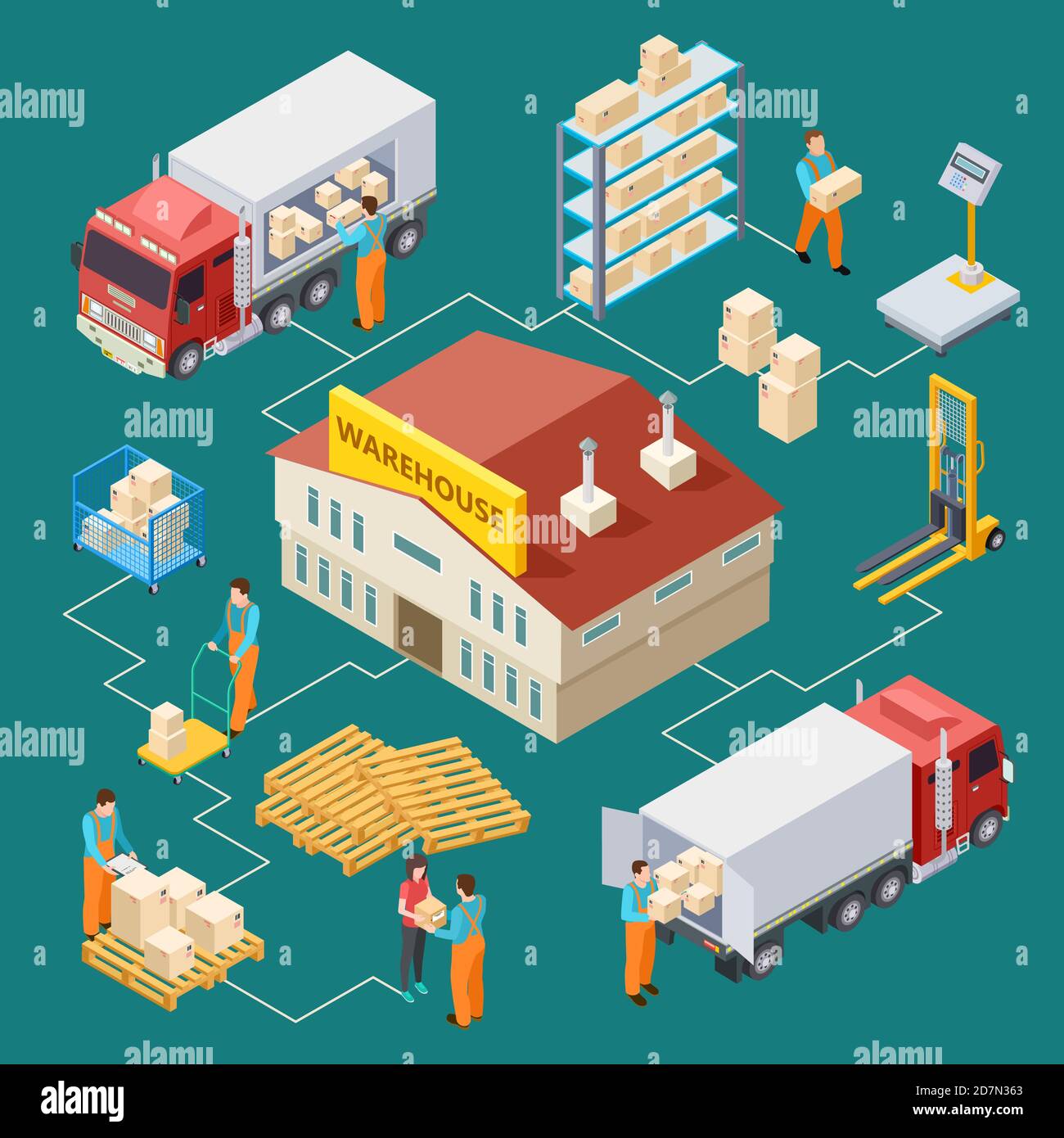 Entrepôt, livraison, logistique vecteur isométrique illustration 3d. Entrepôt de livraison isométrique, logistique de fret 3d Illustration de Vecteur