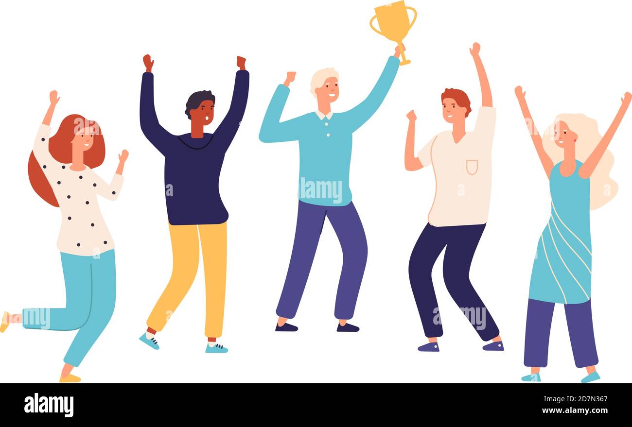 Équipe gagnante. Champion du monde avec coupe-trophée d'or et employés heureux et enthousiastes fêtent la victoire. Concept de vecteur de travail d'équipe réussi. Illustration de l'équipe gagnante du trophée, victoire du travail d'équipe Illustration de Vecteur