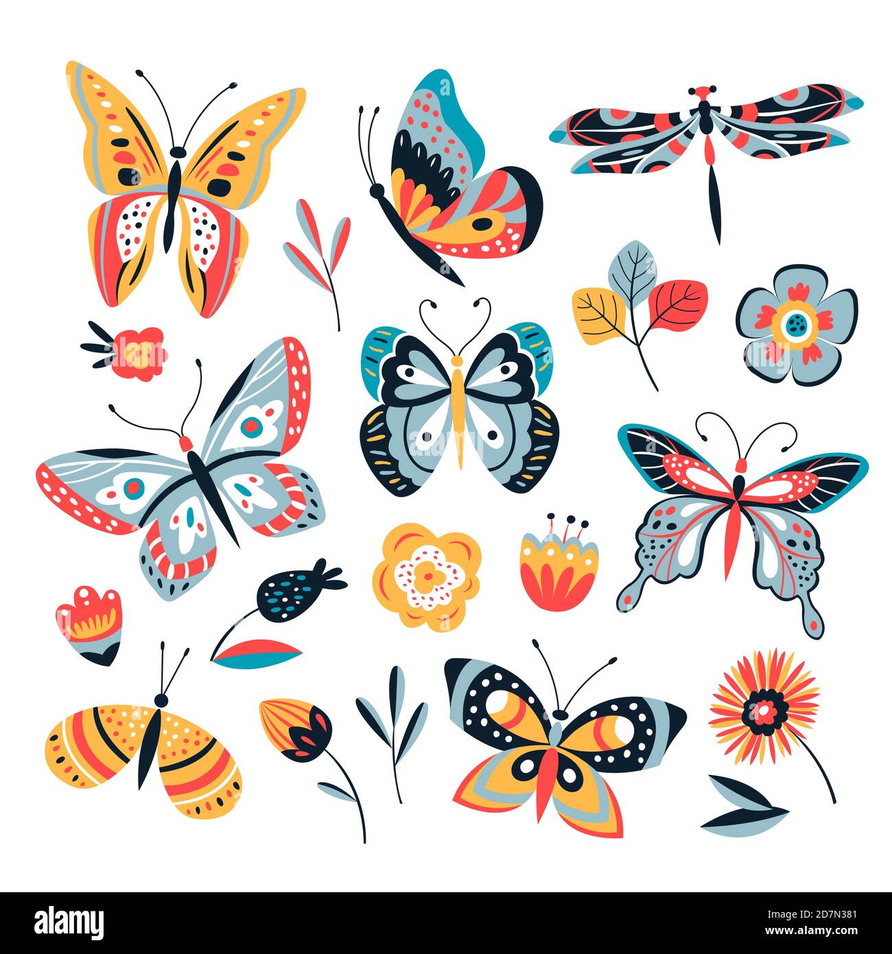 Papillon de dessin de couleur. Papillons et fleurs. Collection de vecteurs insectes vintage. Illustration de l'été des insectes et des papillons Illustration de Vecteur