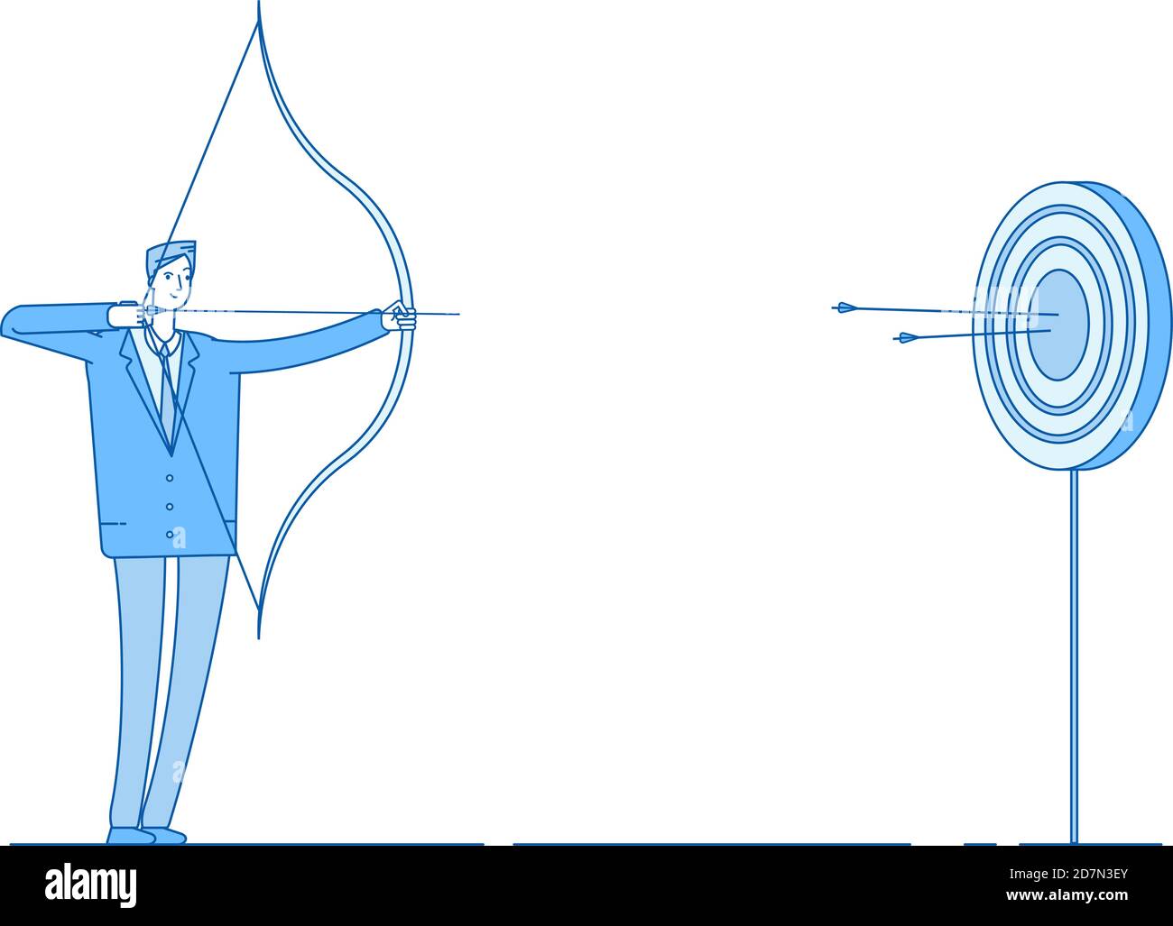 L'homme tire l'arc. Ciblage de flèche dans la cible, homme d'affaires de précision de tir. Objectif atteindre le concept de vecteur de réalisation des avantages pour l'entreprise. But et cible, succès tir à l'arc illustration Illustration de Vecteur