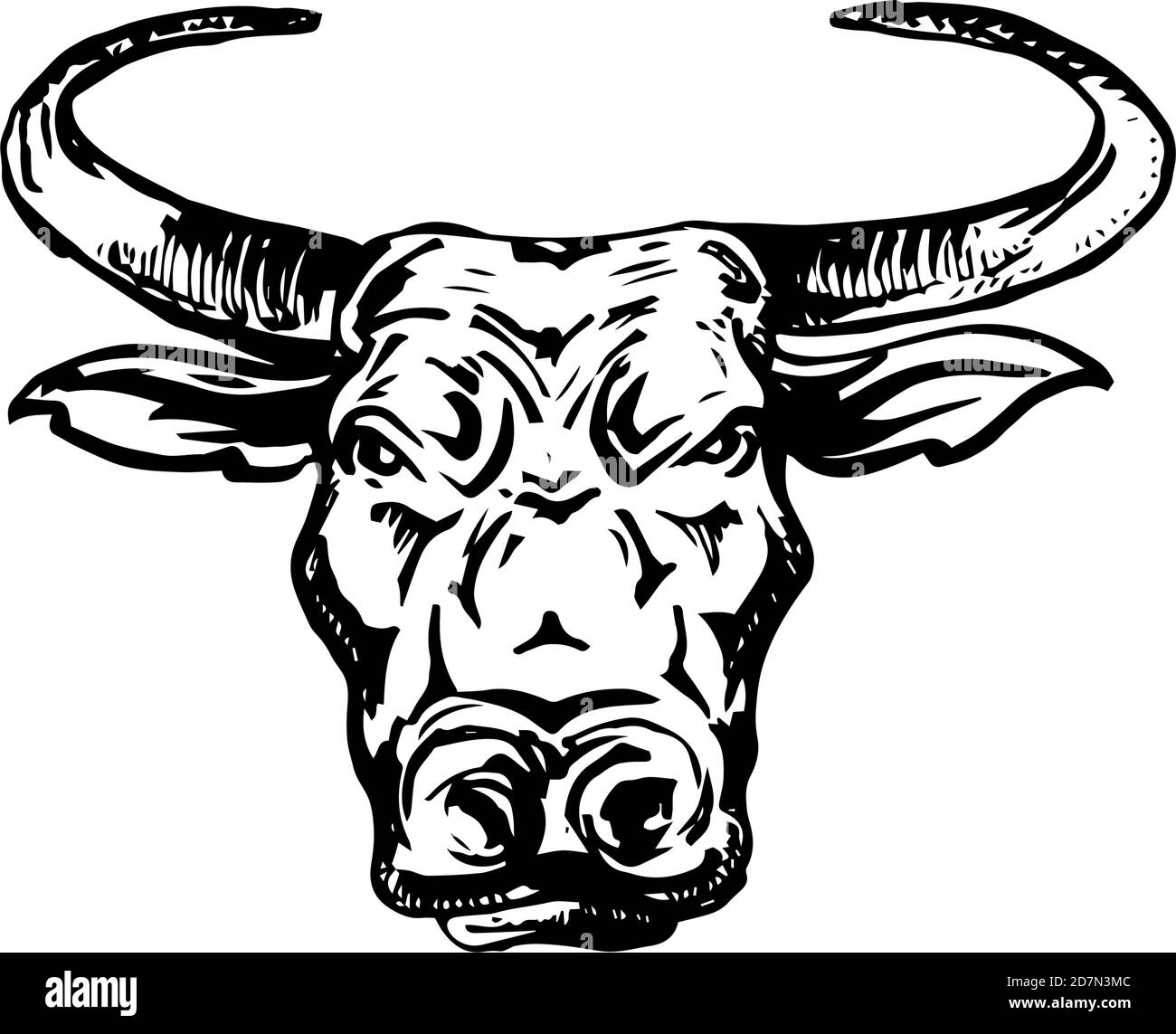 Bonne année 2021 Illustration, emblème ou modèle de carte de vœux. Dessin à la main Black Bull ou Ox Head Chinois Zodiac Sign on White Background. Vacances Illustration de Vecteur