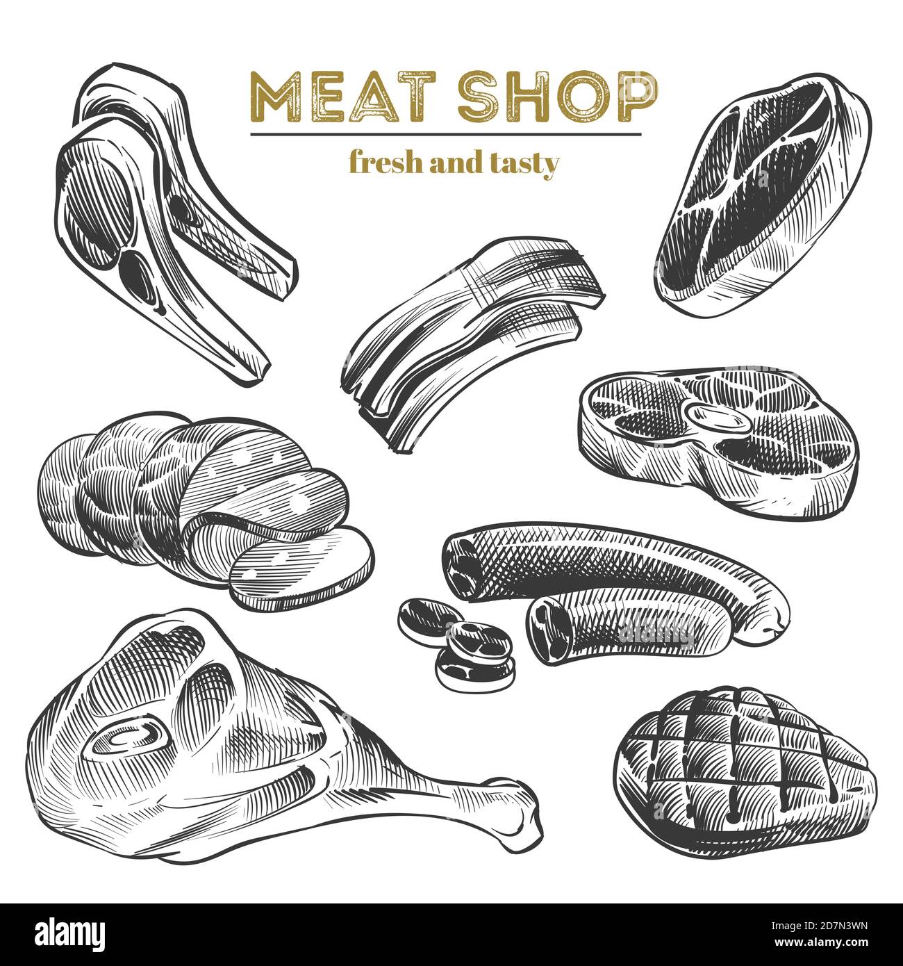 Produits de viande dessinés à la main isolés sur fond blanc. Illustration naturelle du steak, du porc et du bœuf Illustration de Vecteur