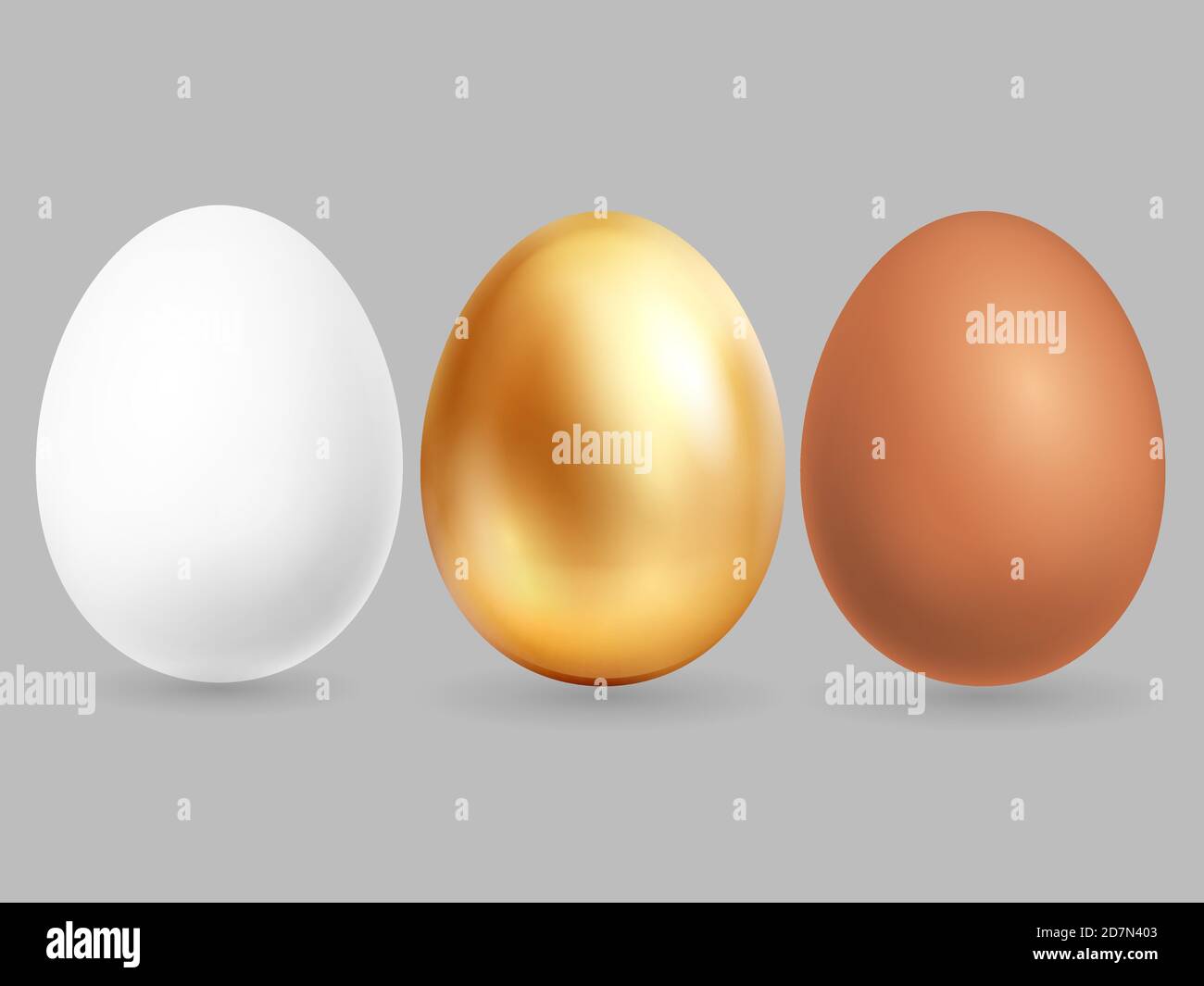 Trois œufs réalistes isolés sur fond gris. Illustration des œufs vectoriels de poulet doré, brun et blanc Illustration de Vecteur