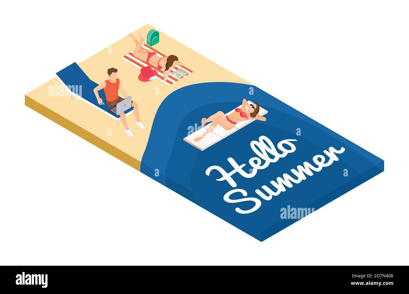 Vacances d'été isométriques sur le concept de vecteur de plage. Freelance et détente des gens à la mer. Illustration de la plage d'été isométrique Illustration de Vecteur