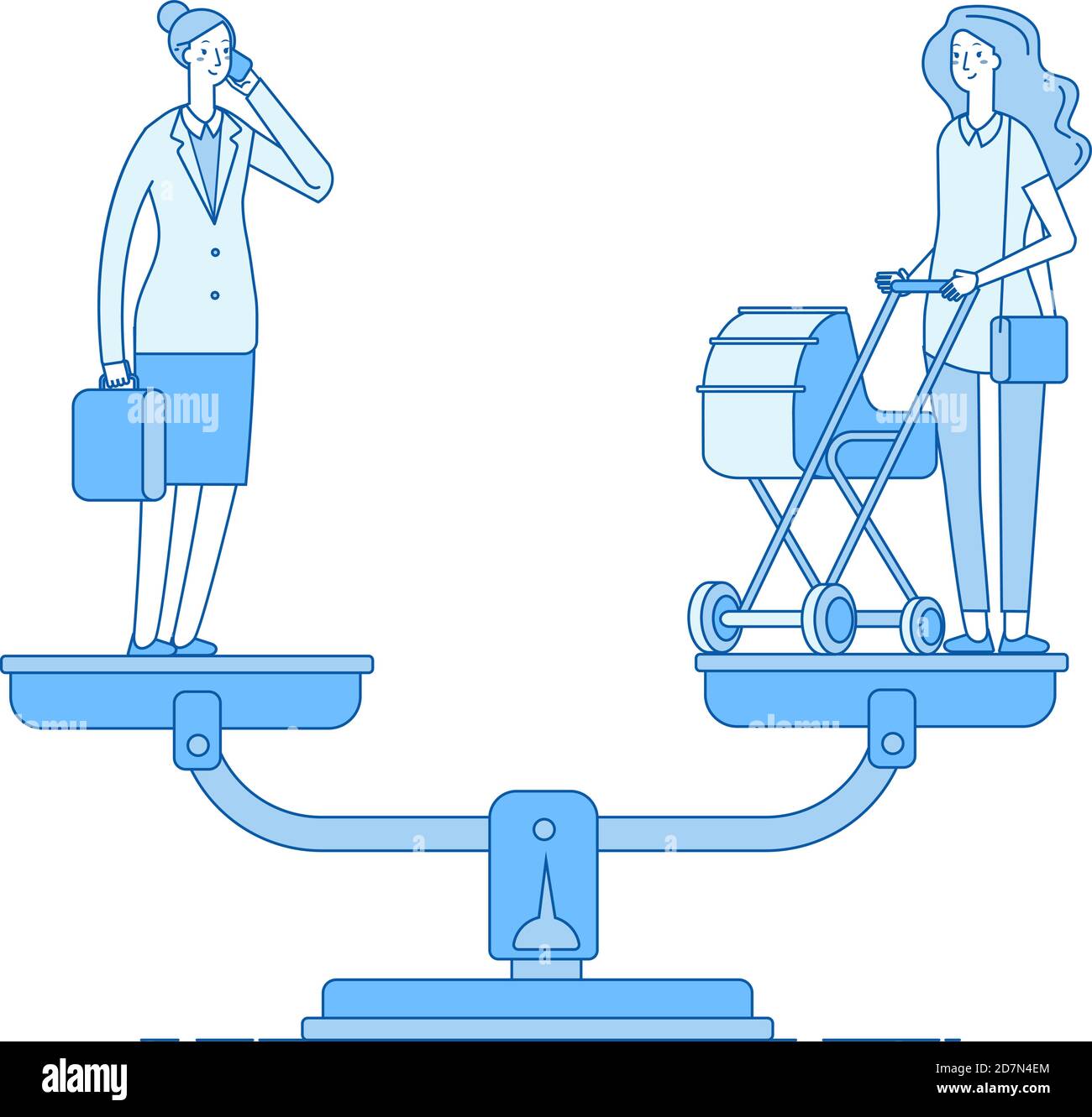 Choix entre carrière et famille. Équilibre de travail familial, maman heureuse avec poussette et femme d'affaires sur le concept de vecteur à l'échelle. Femme d'affaires et femme avec bébé comparent l'illustration Illustration de Vecteur