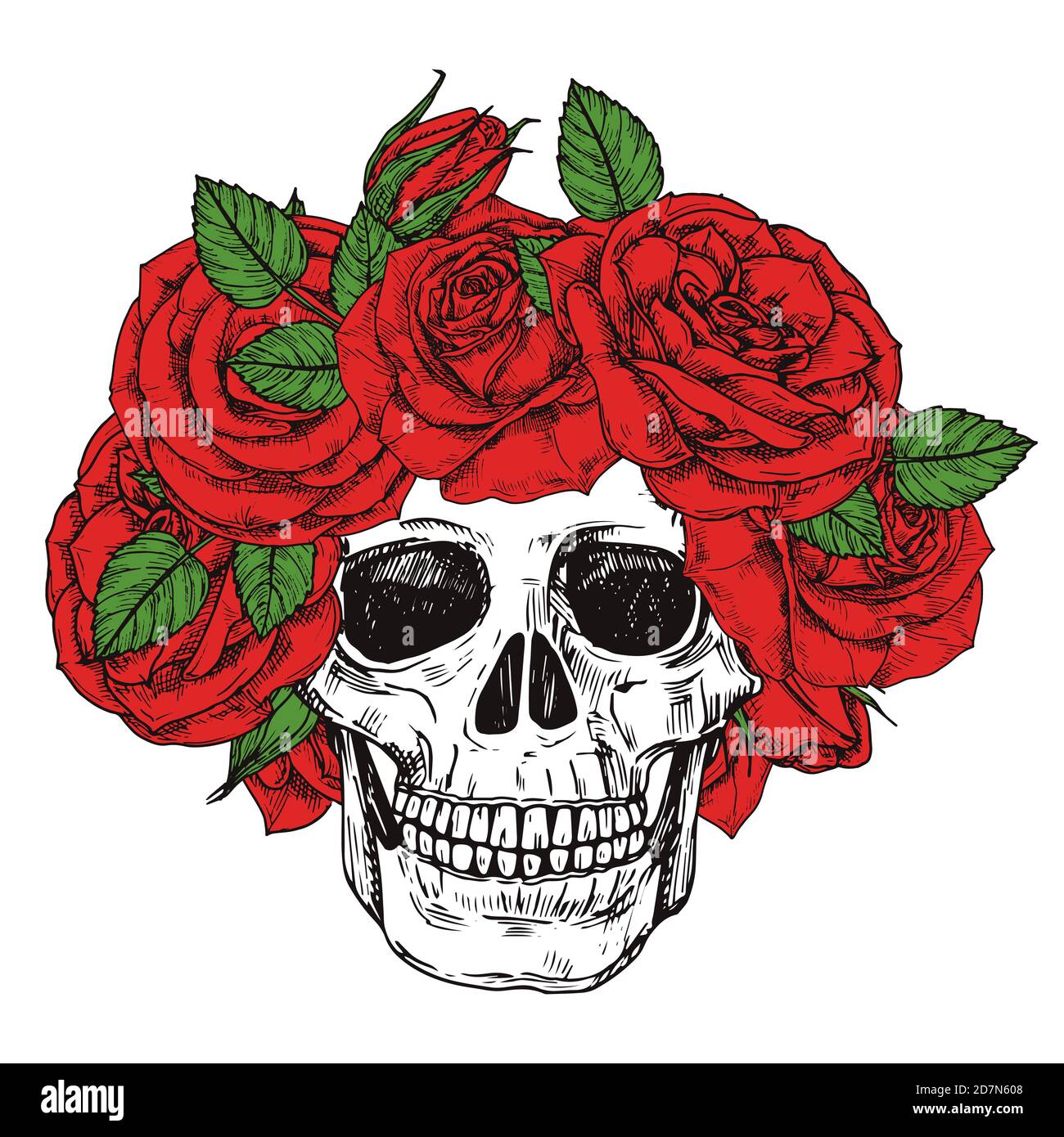 Crâne dessiné à la main avec vecteur de couronne de la tête de roses isolé sur fond blanc. Crâne mort, tête vintage dessinée avec des fleurs illustration Illustration de Vecteur