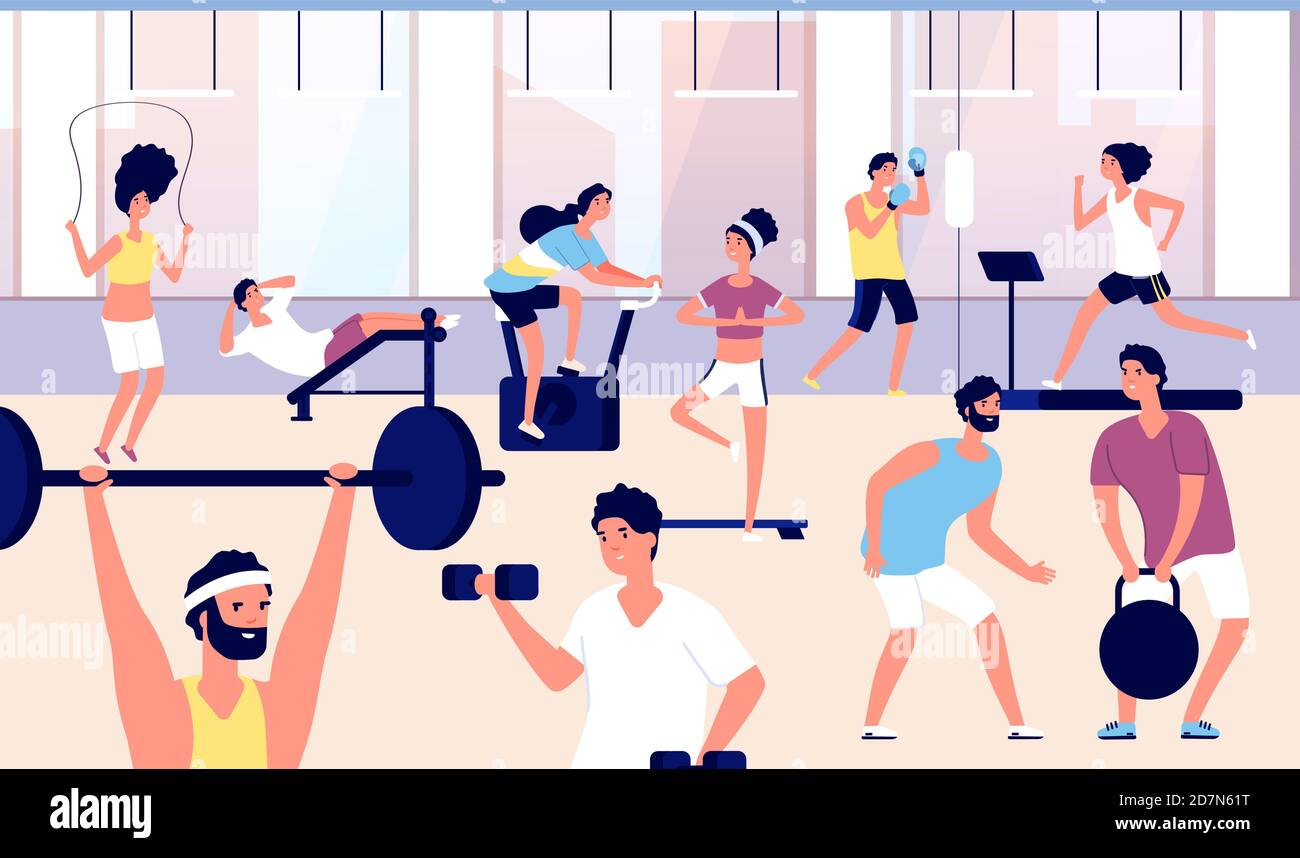 Personnes dans la salle de gym. Groupe d'athlètes faisant des exercices de fitness, cardio-training et de musculation dans la salle de gym. Concept de vecteur de style de vie sportif. Illustration de la salle de fitness, exercice d'entraînement pour le corps Illustration de Vecteur