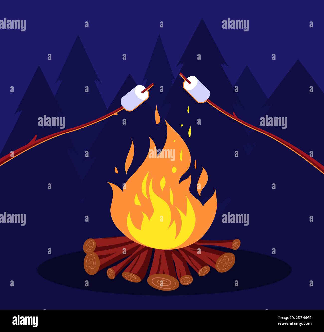 Feu de joie et guimauve. Amis en camping de nuit au feu de camp. Concept de vecteur Marshmallow. Illustration du feu de camp et de la torréfaction de guimauves Illustration de Vecteur