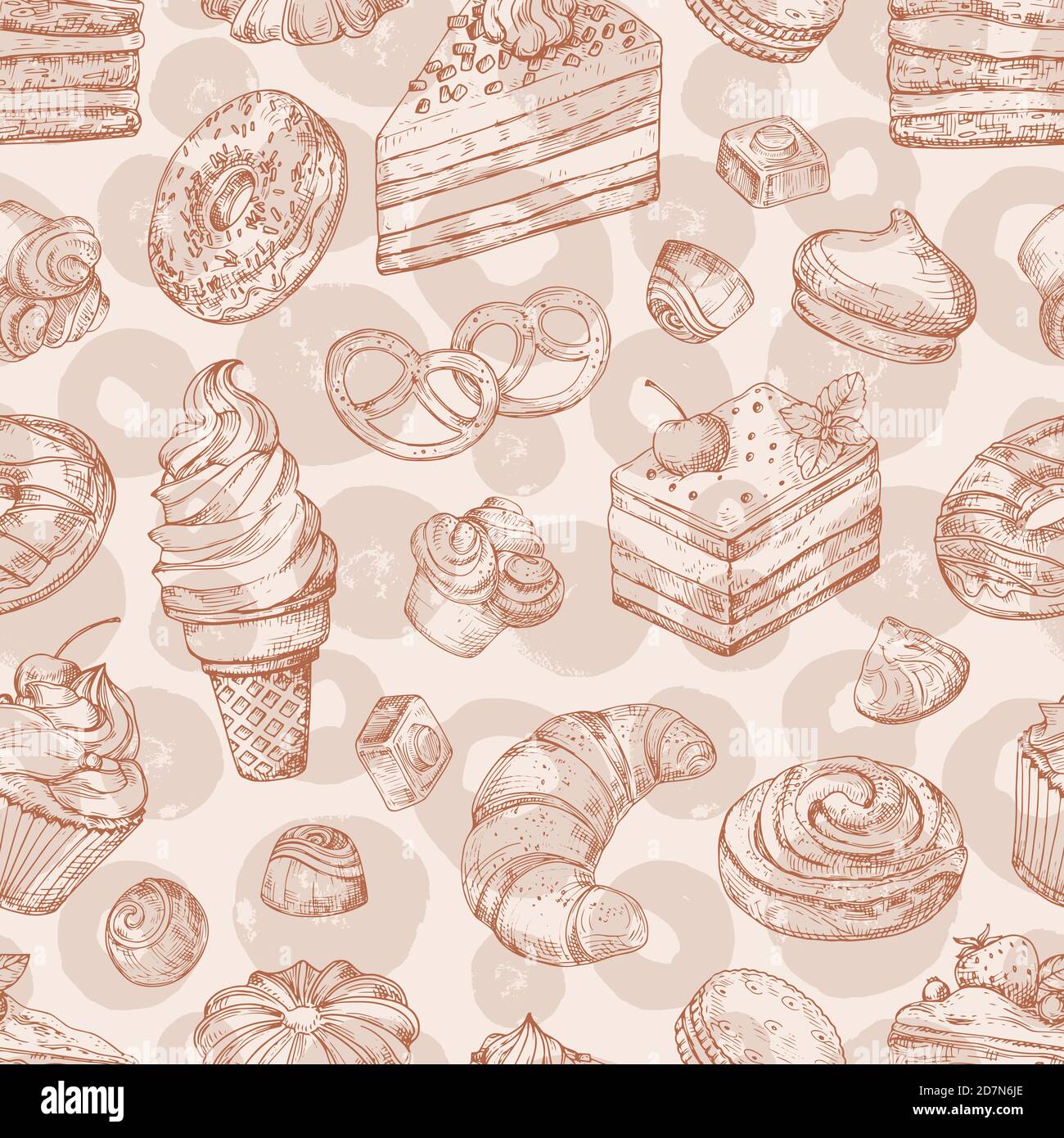Pâtisseries vectorielles dessinées à la main, boulangerie, desserts sans couture. Illustration du dessert de boulangerie, fond de pâtisserie sucré, chocolat et cupcake Illustration de Vecteur