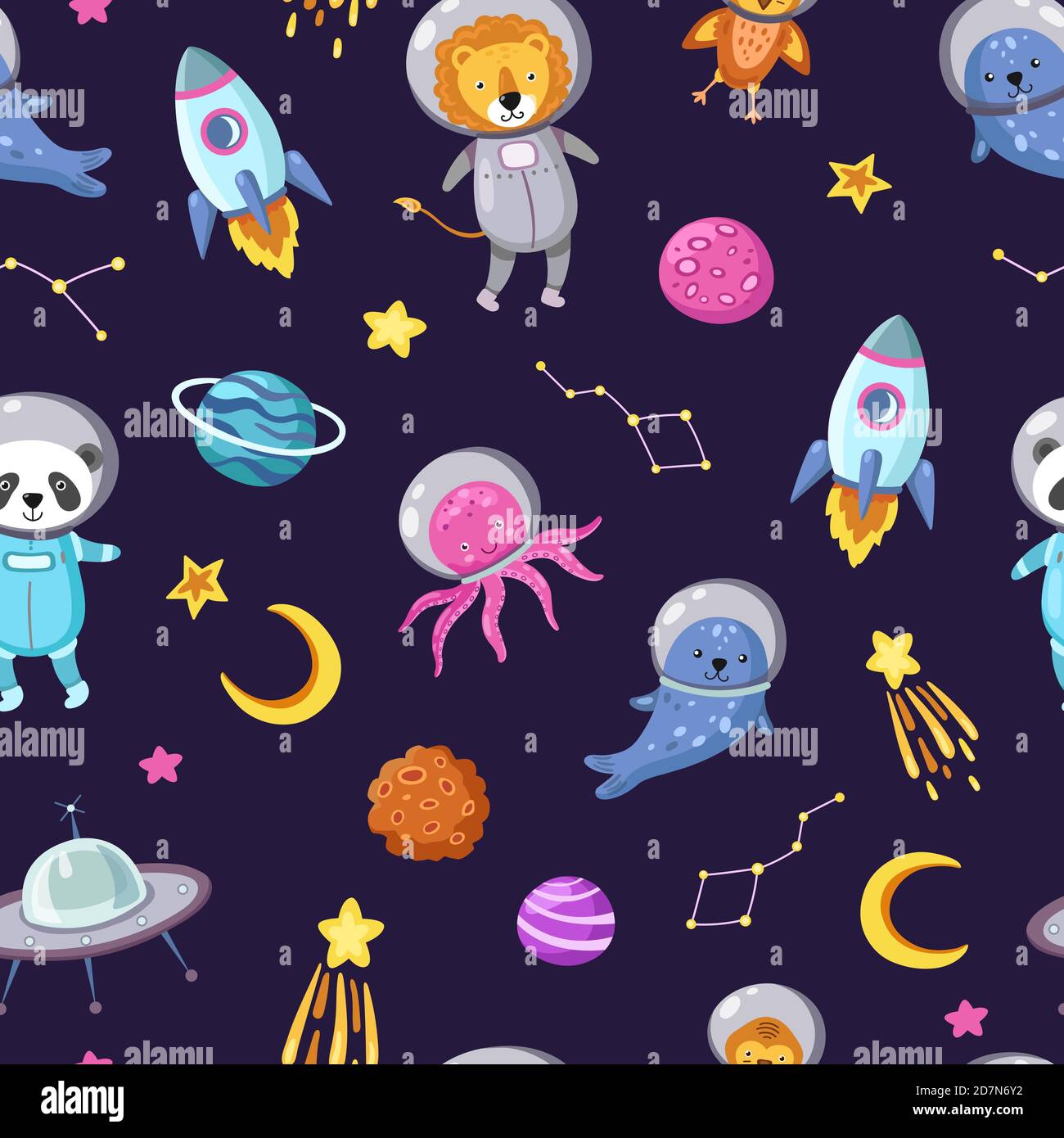 Motif animaux de l'espace. Mignon bébé animaux astronautes volant enfants animaux cosmonautes drôle spaceman garçon sans couture cosmos vecteur papier peint. Illustration d'un vaisseau spatial astronaute, d'un pieuvre et d'un panda en combinaison spatiale Illustration de Vecteur