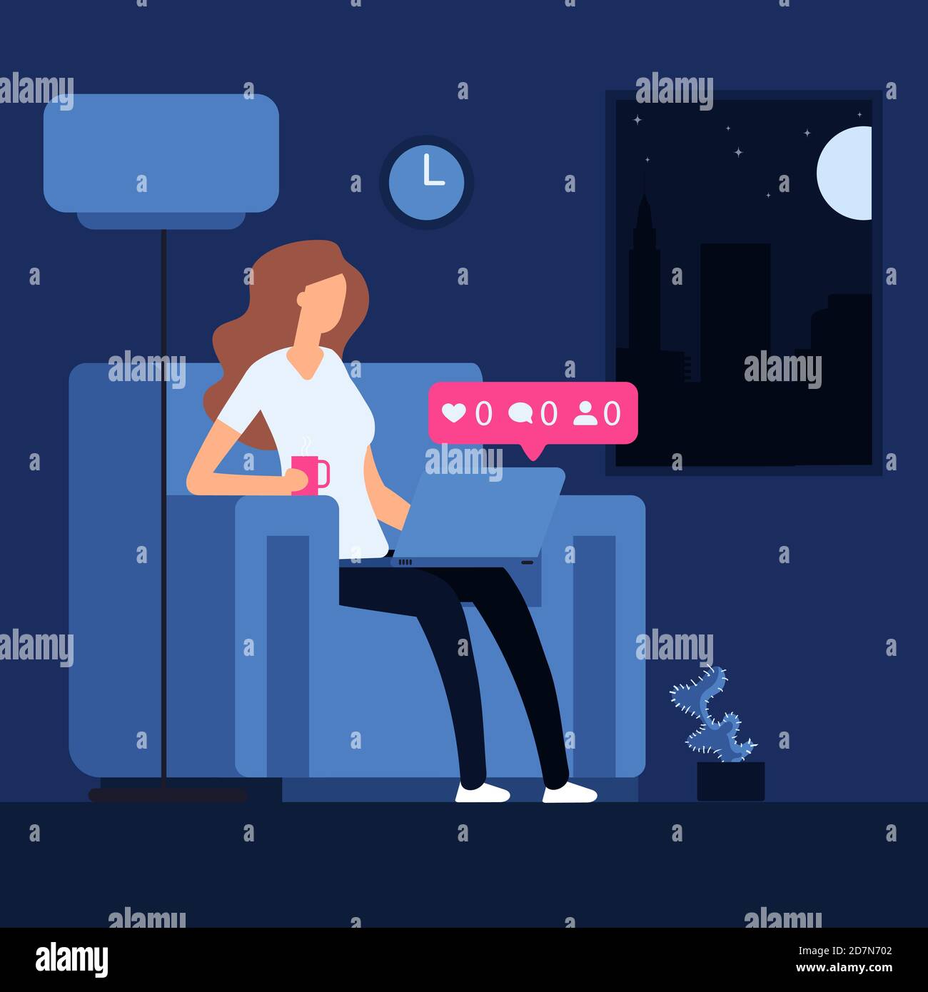 Petite fille la nuit avec un ordinateur portable. Concept de vecteur de solitude. Illustration femme solitaire, fille de solitude avec ordinateur portable Illustration de Vecteur