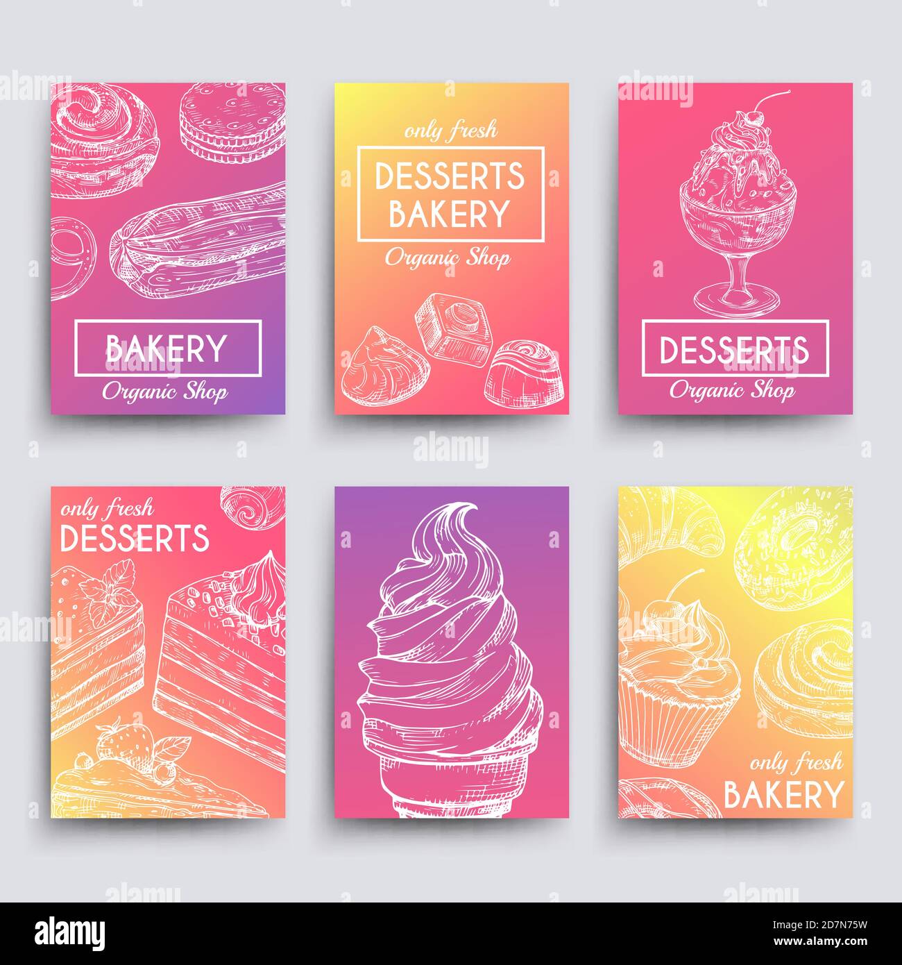 Collection vectorielle de desserts et de bannières de boulangerie dessinées à la main. Illustration de la carte avec gâteau et boulangerie, crème glacée dessert Illustration de Vecteur