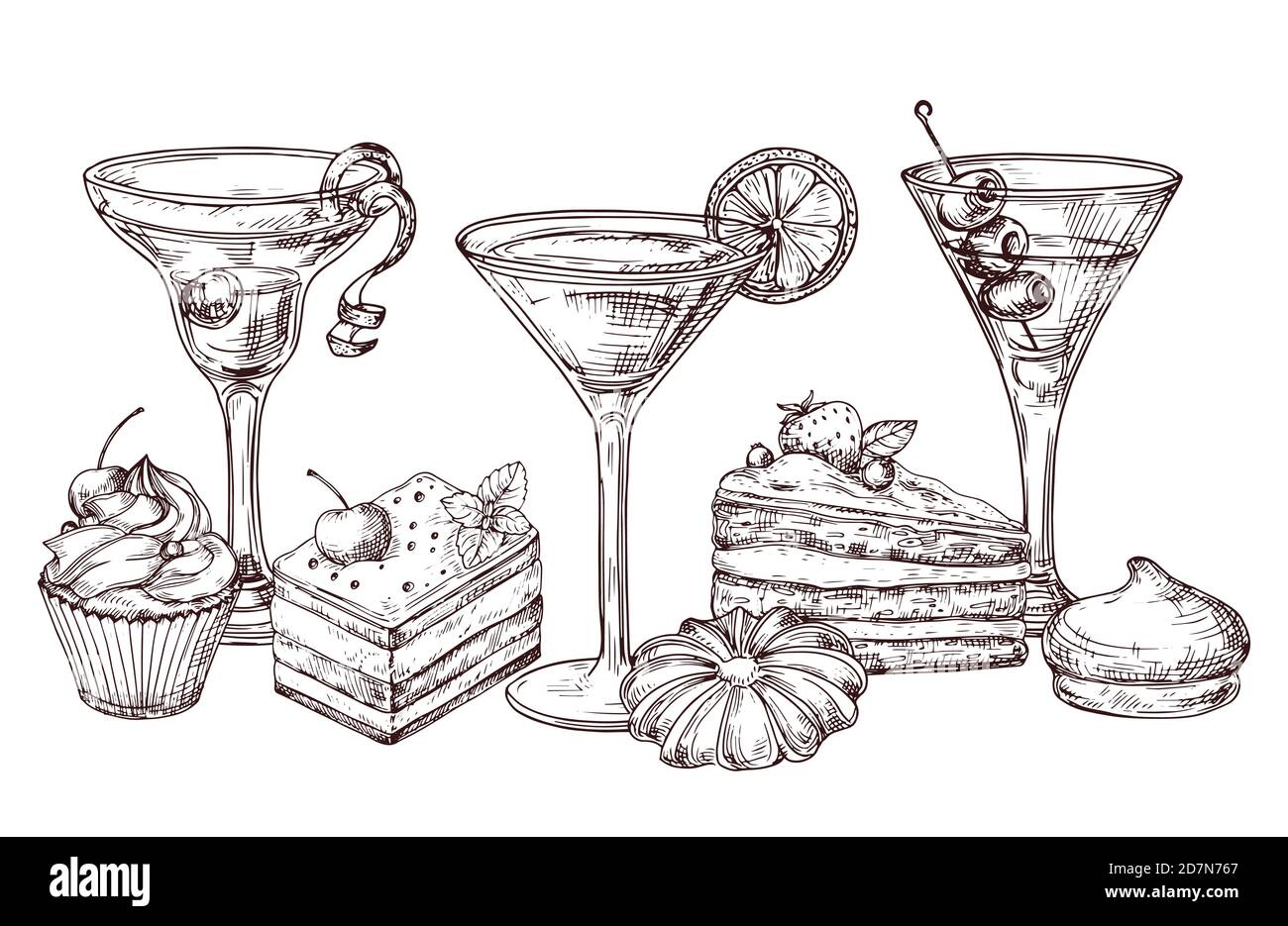 Desserts dessinés à la main et cocktails doux vecteur isolé sur fond blanc. Illustration du dessin de boissons à cocktail et de desserts à gâteau Illustration de Vecteur