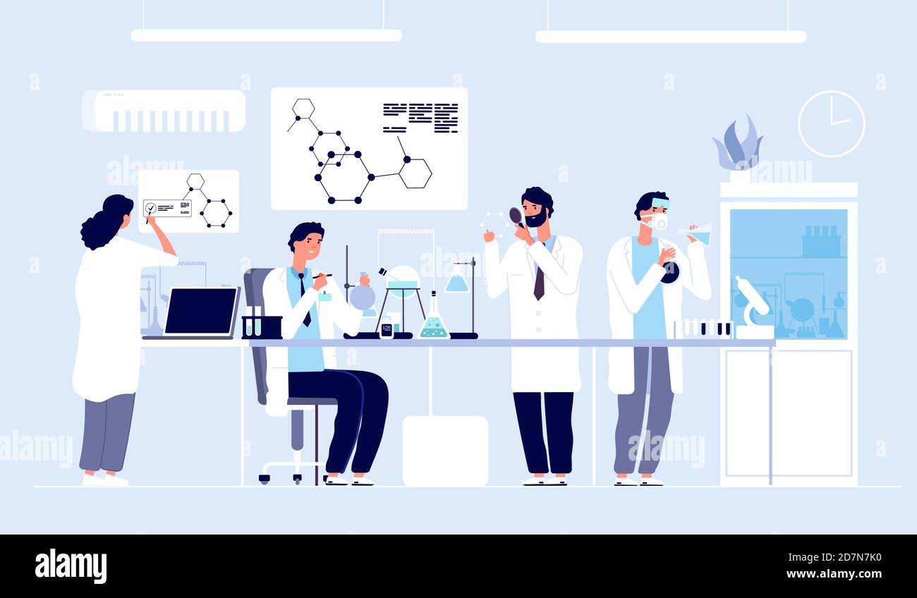 Scientifiques en laboratoire. Personnes en couche blanche, chercheurs en chimie avec équipement de laboratoire. Concept de vecteur de dessin animé pour le développement de médicaments. Illustration d'un scientifique en laboratoire, expérience scientifique en laboratoire Illustration de Vecteur