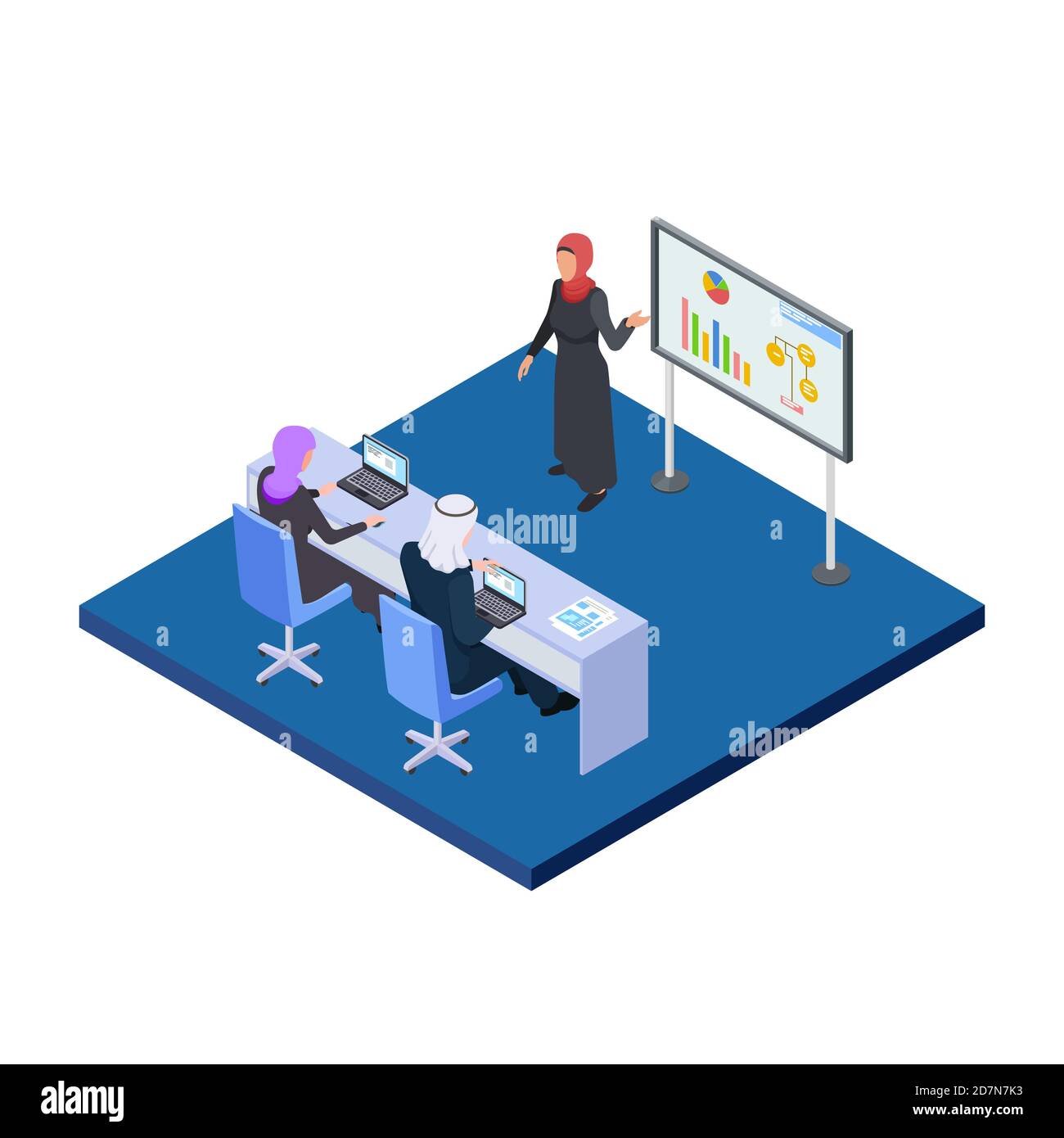 Femme d'affaires arabe présentant un projet d'affaires. Concept vectoriel isométrique pour les Saoudiens, hommes et femmes. Présentation arabe au bureau, femme d'affaires enseigne l'illustration des gens Illustration de Vecteur