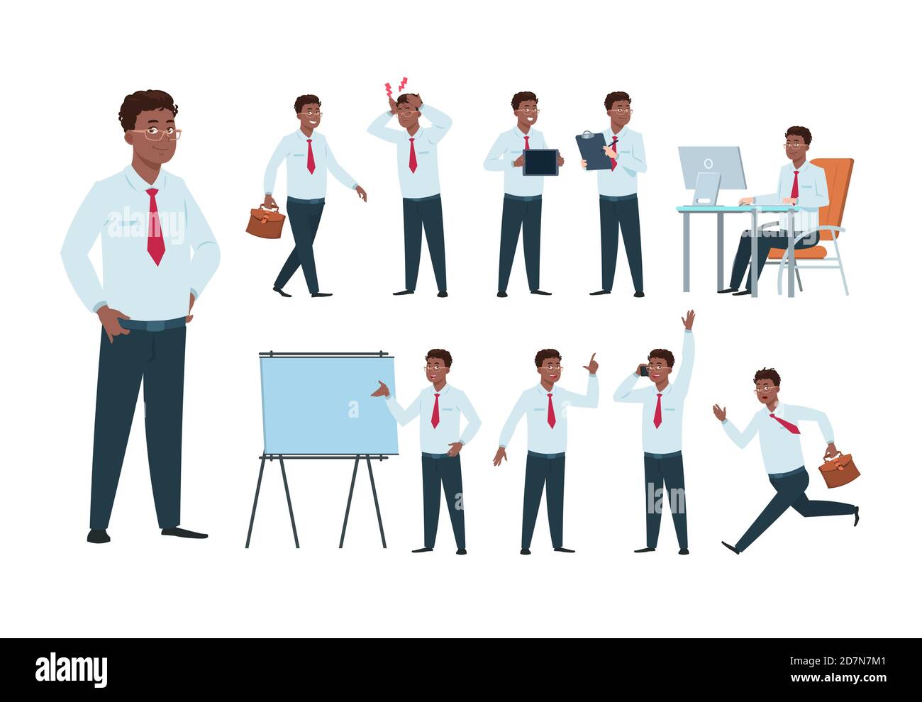 Personnage d'homme d'affaires. Travailleur de bureau afro-américain, personne de réussite dans l'activité d'affaires. Ensemble de vecteurs d'employés de dessin animé. Illustration de professionnel de caractère professionnel, patron personne Illustration de Vecteur
