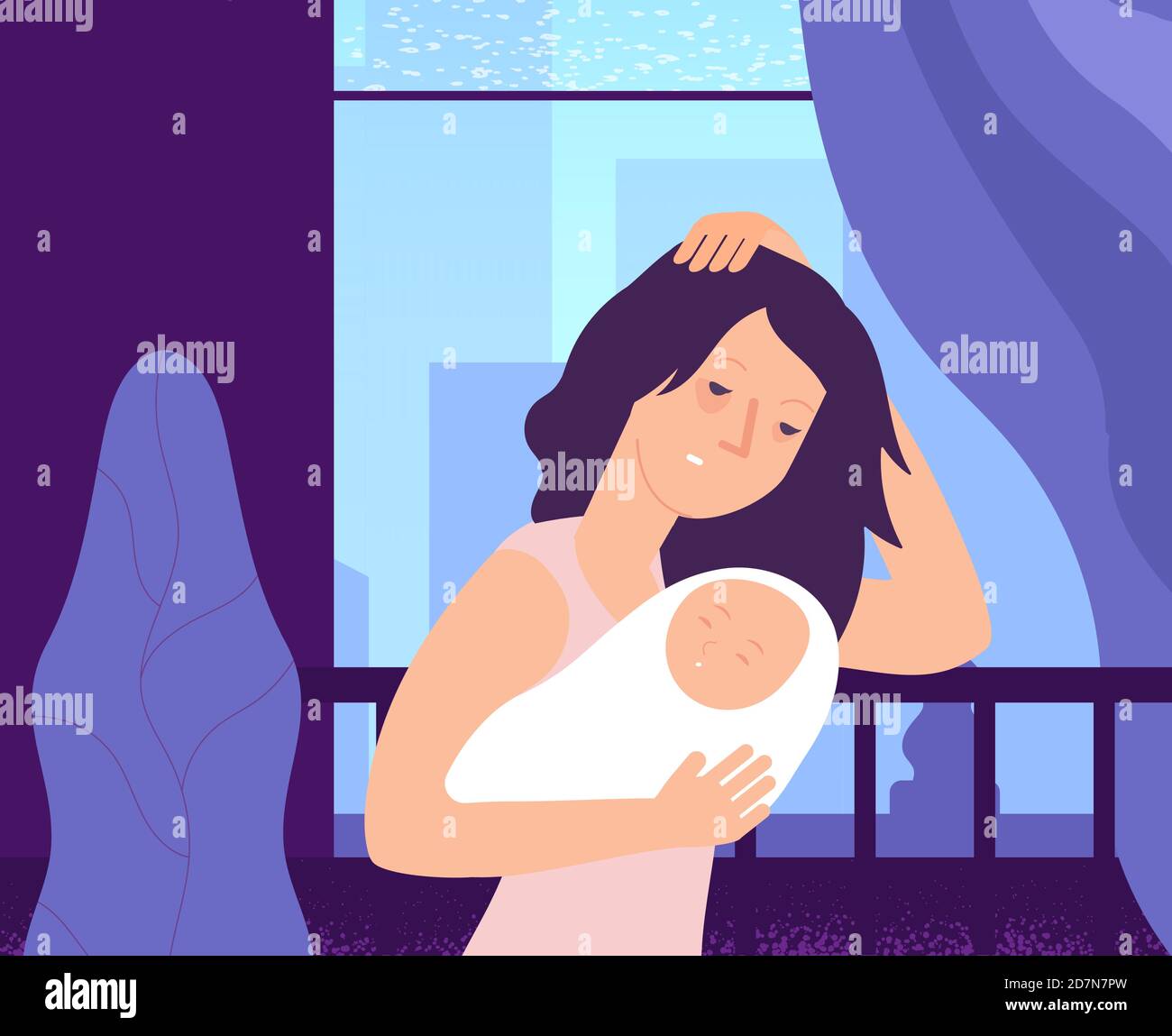 Femme dépressive et nouveau-né. Une jeune mère endormie, fatiguée, tient le bébé pleurant à la crèche, une femme dans l'humeur d'anxiété. Concept de vecteur de maternité. Illustration de la frustration de la maternité, période post-partum Illustration de Vecteur