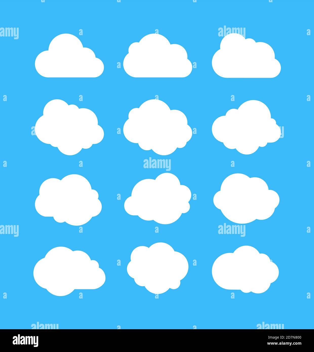 Nuages blancs simples. Des bulles de pensée, des formes de message de nuage. Cumulus isolé sur fond bleu. Ensemble de vecteurs de dessin animé de cumulus blancs pour l'illustration de la pensée de message Illustration de Vecteur