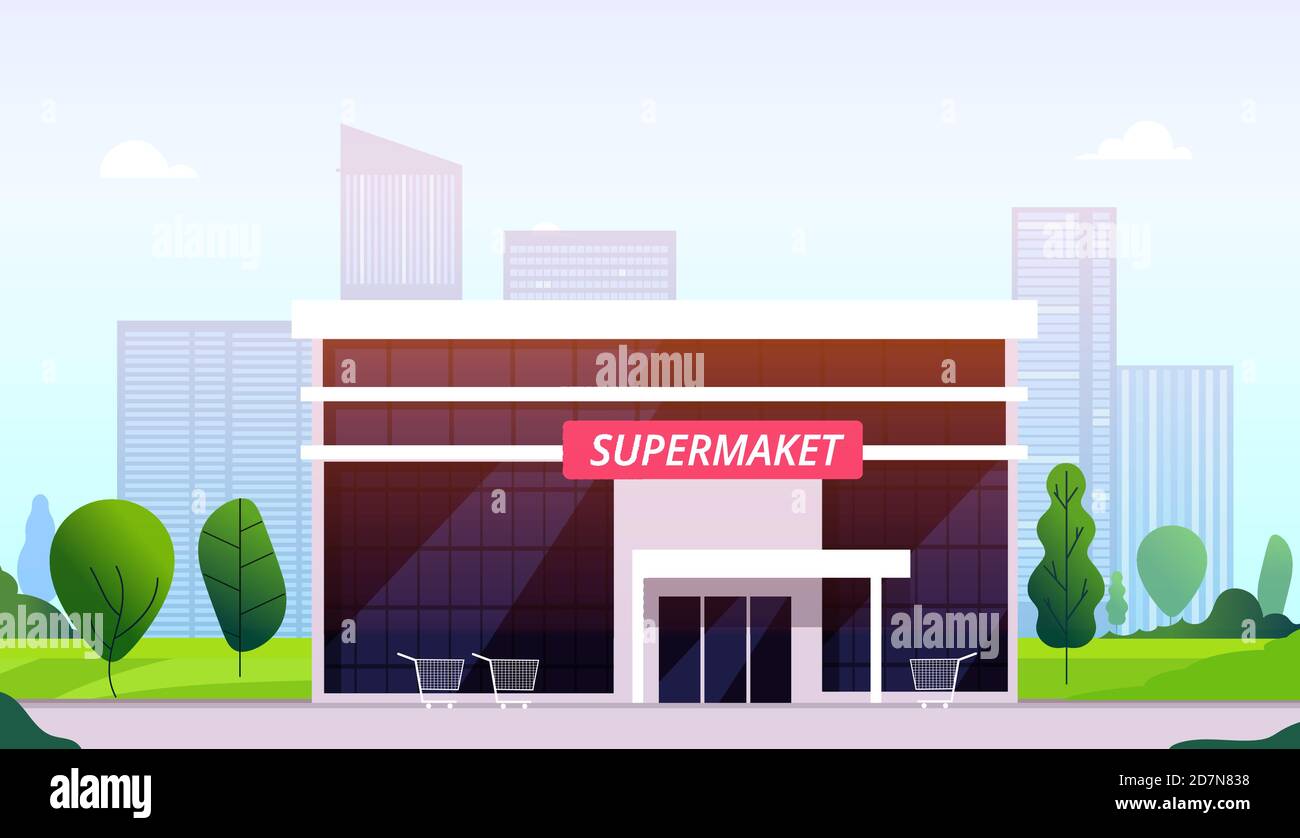 Rue du supermarché. Hypermarché bâtiment avant centre d'affaires construction urbain magasin de détail supermarché extérieur image vectorielle. Grand bâtiment hypermarché, façade de l'illustration d'un magasin de marché Illustration de Vecteur