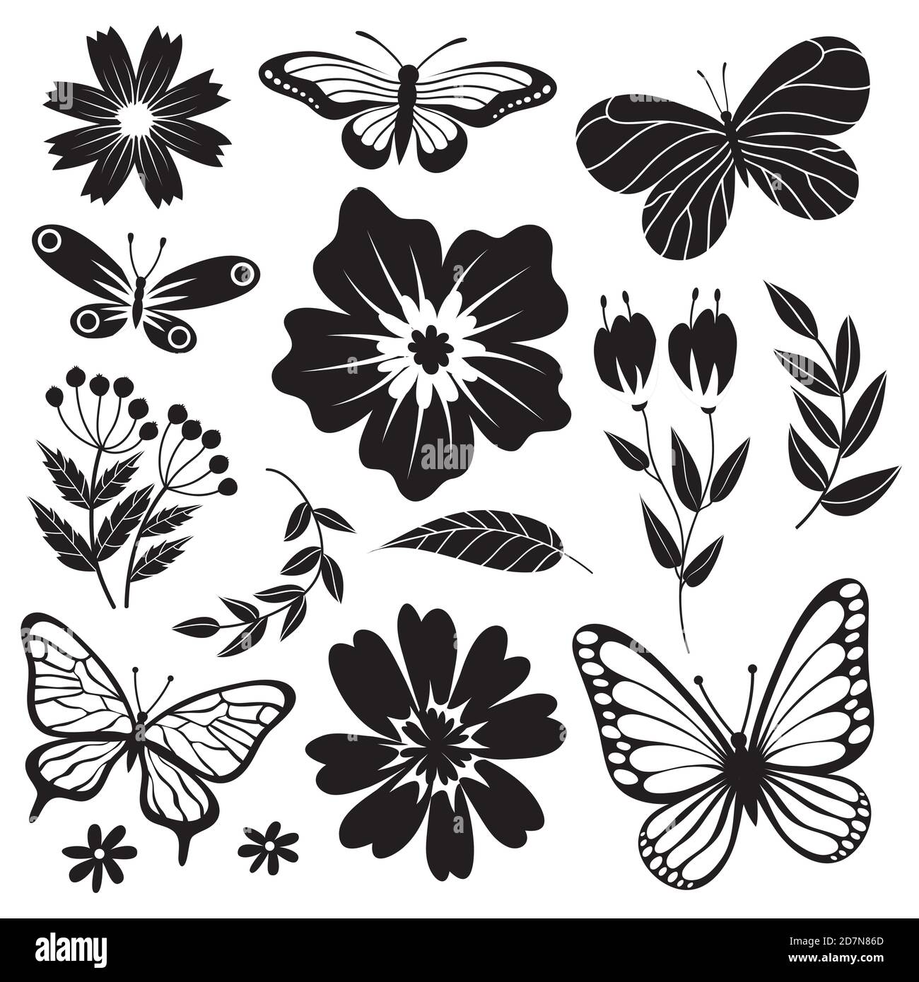 Papillons et fleurs noirs et blancs. Ensemble de fleurs vectorielles dessinées à la main. Illustration monochrome de fleurs et de papillons Illustration de Vecteur